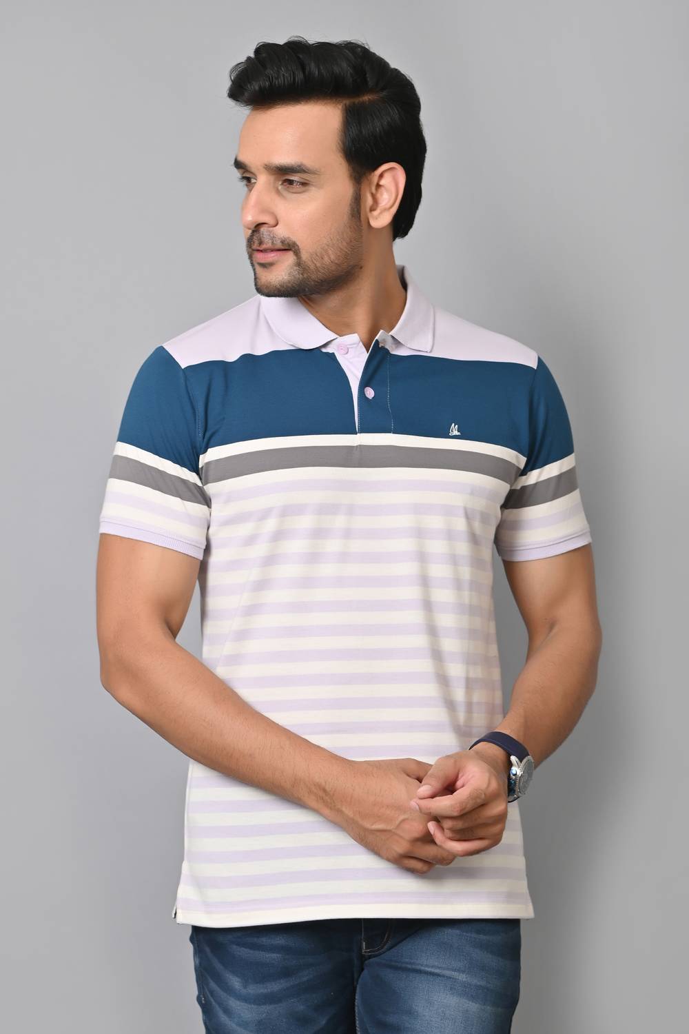 Arbour Striped Men Polo Neck Light Blue, White T-Shirt