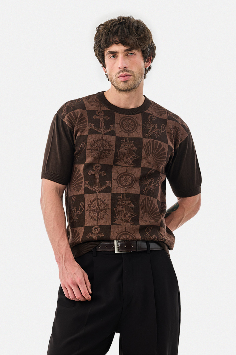 Image of Snitch Printed Men Crew Neck Brown T-Shirt