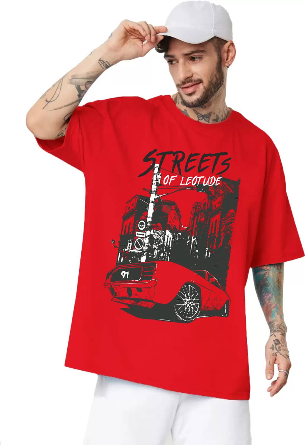 Leotude Men Printed, Typography Round Neck Cotton Blend Red T-Shi