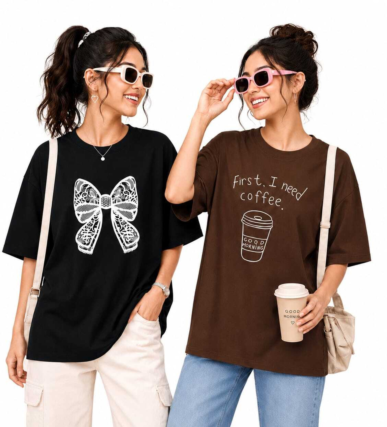 Brand Sakhi Printed Women Round Neck Black, Brown T-Shirt