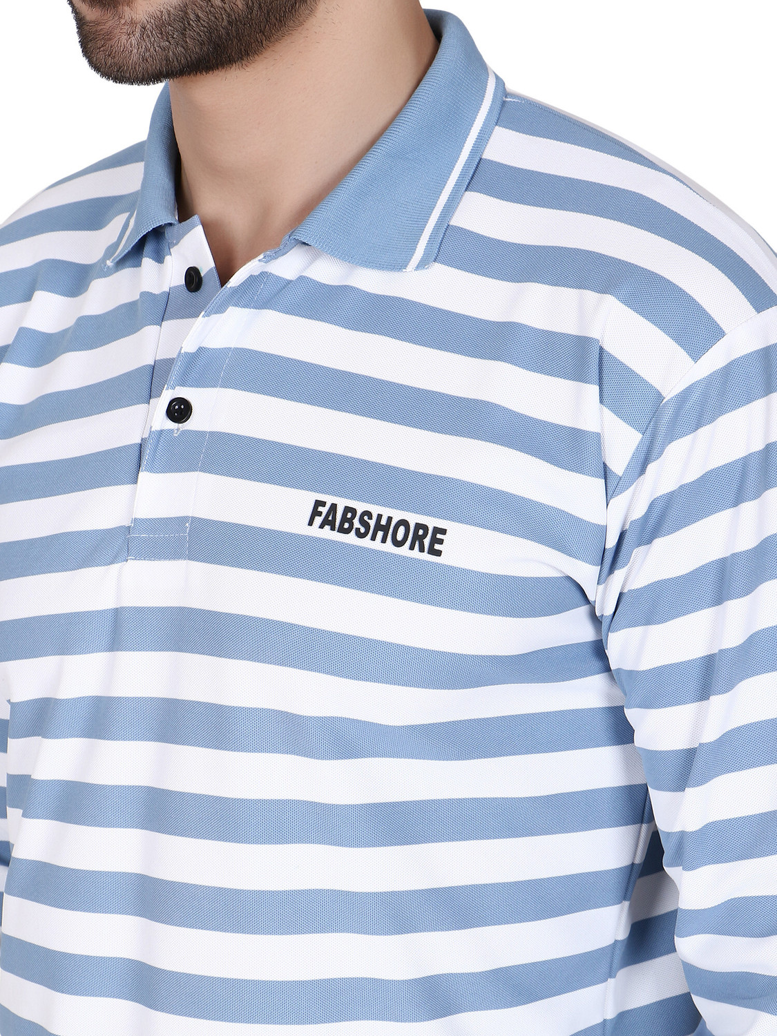 Image of FABSHORE Striped Men Round Neck White, Blue T-Shirt