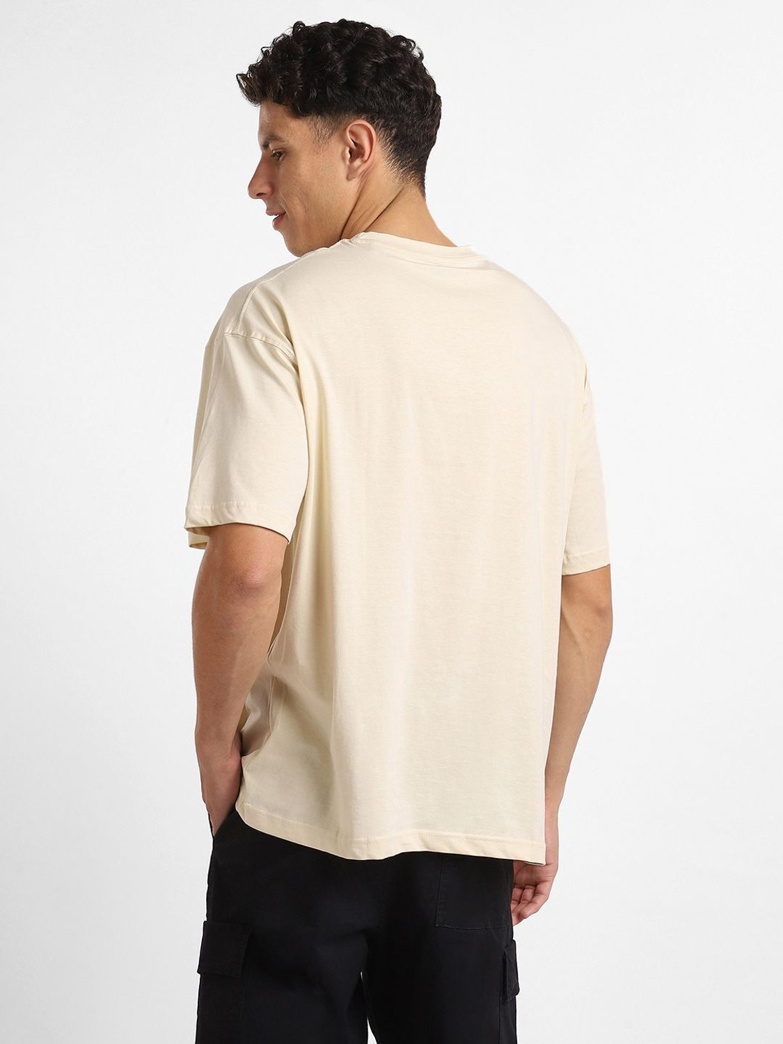 Image of NOBERO Solid Men Round Neck Beige T-Shirt