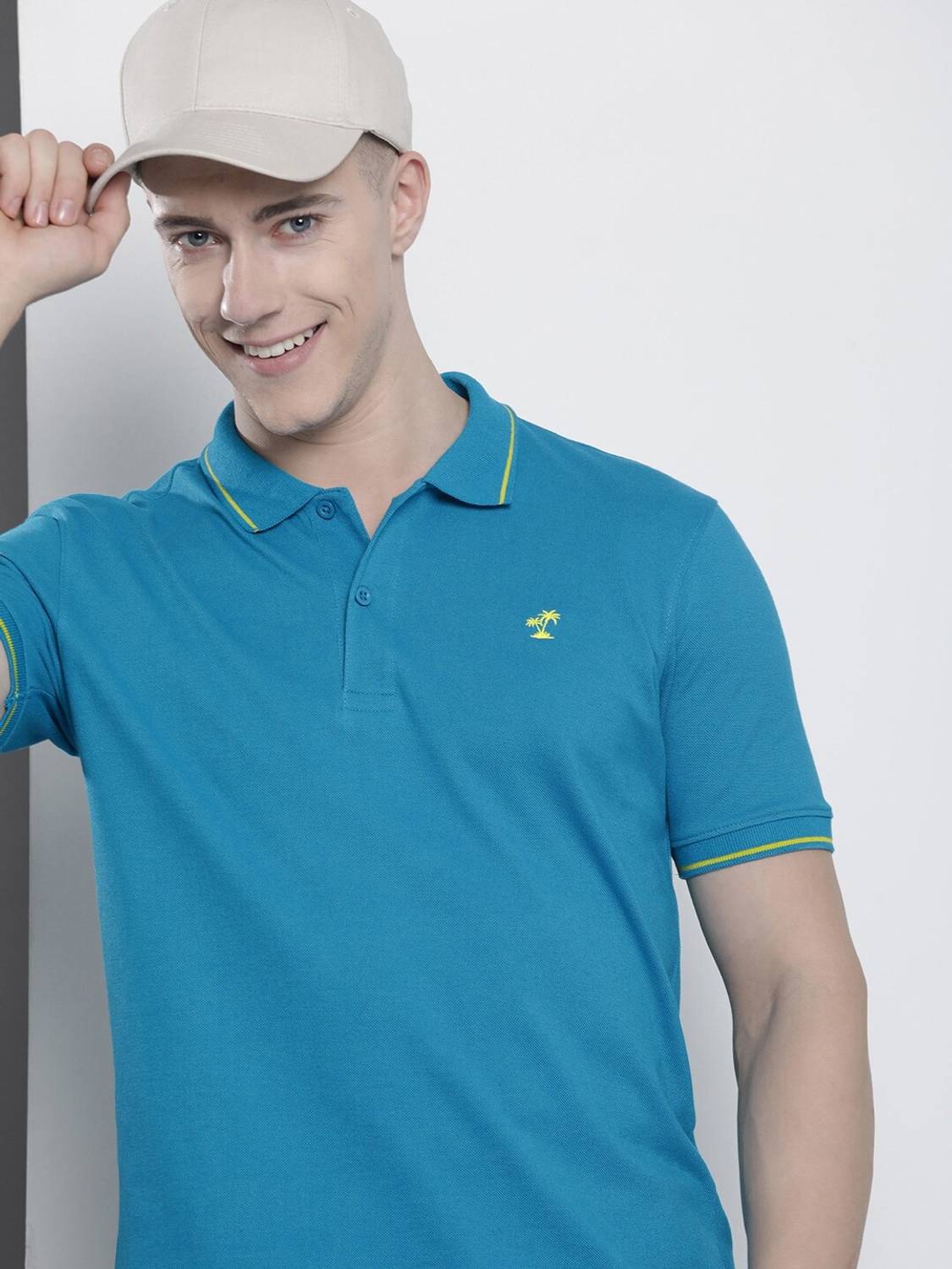 The Indian Garage Co. Men Solid Polo Neck Cotton Blend Blue T-Shi