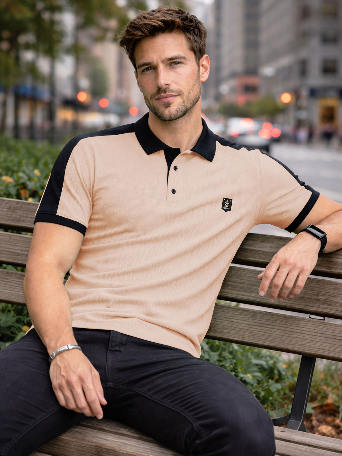 Image of VeBNoR Colorblock Men Polo Neck Beige T-Shirt