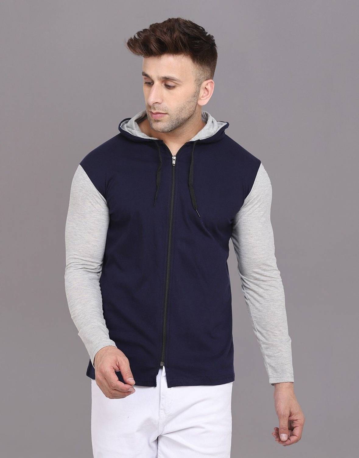 tfurnish Colorblock Men Hooded Neck Dark Blue T-Shirt