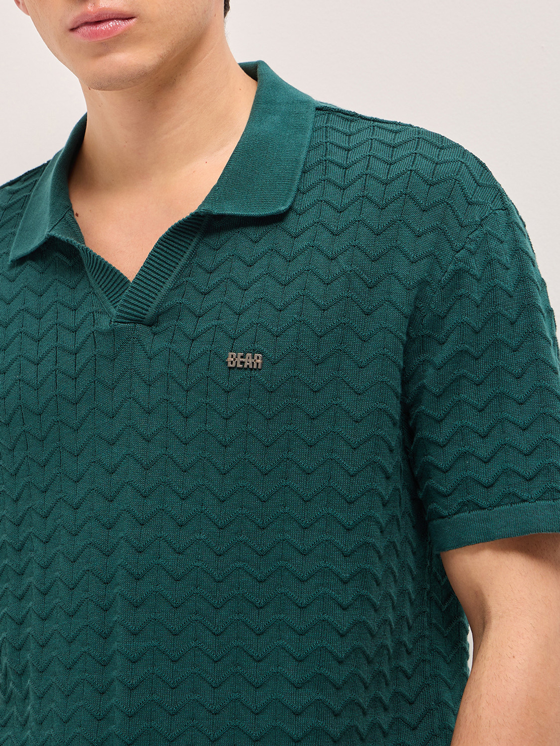 Image of THE BEAR HOUSE Self Design Men Polo Neck Green T-Shirt