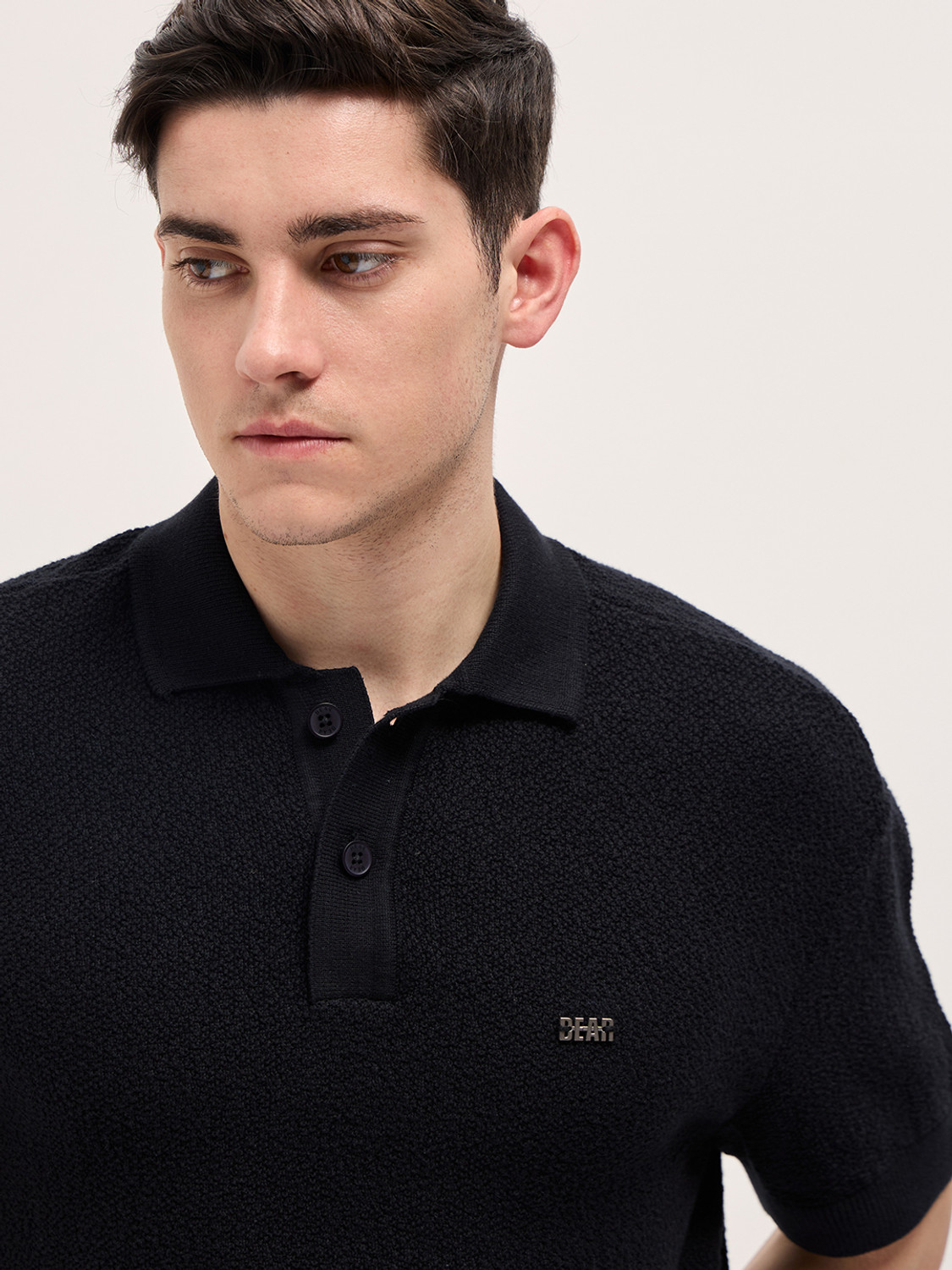 Image of THE BEAR HOUSE Solid Men Polo Neck Black T-Shirt
