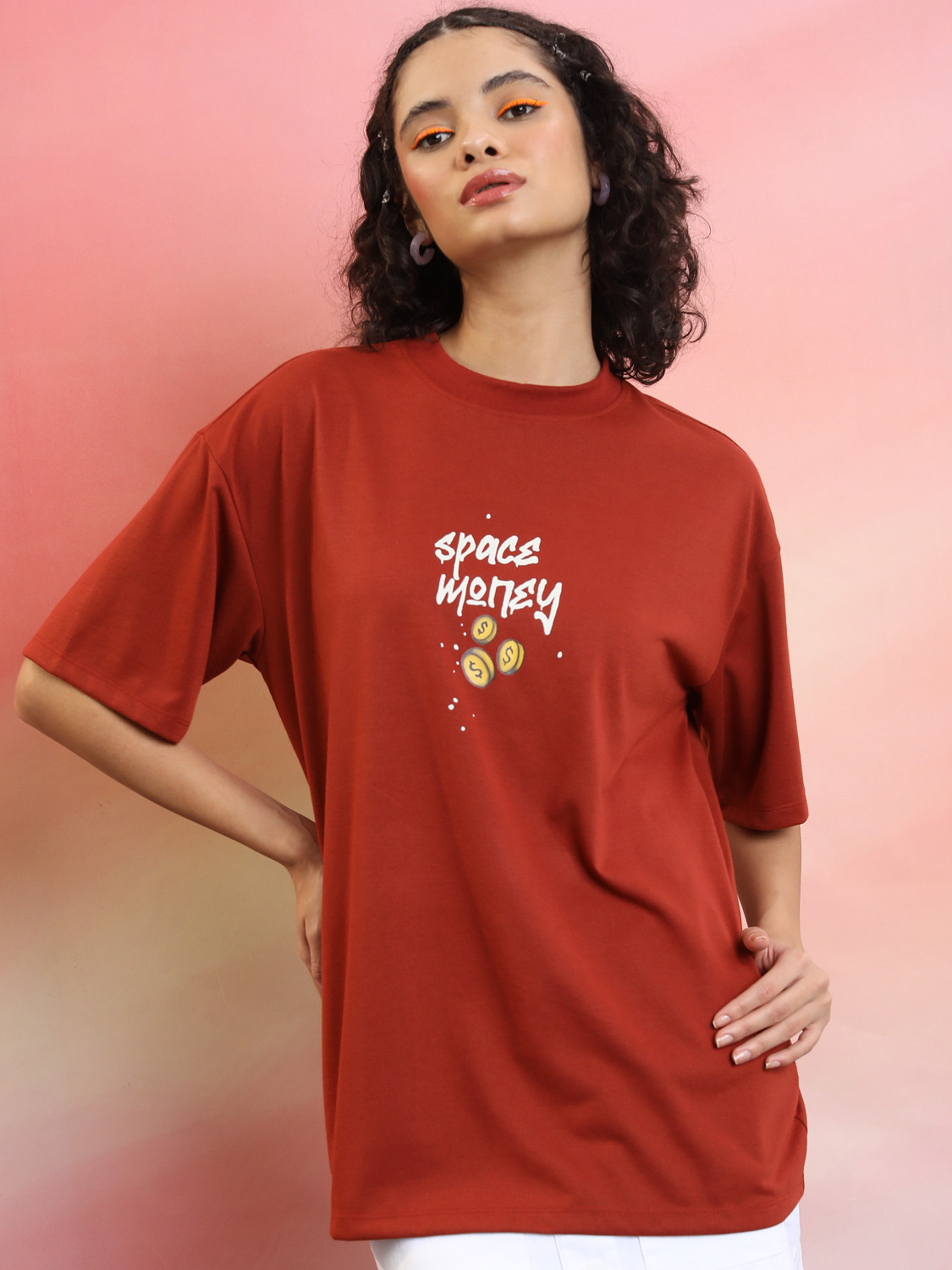 Image of Tokyo Talkies Printed, Typography Women Round Neck Brown T-Shirt