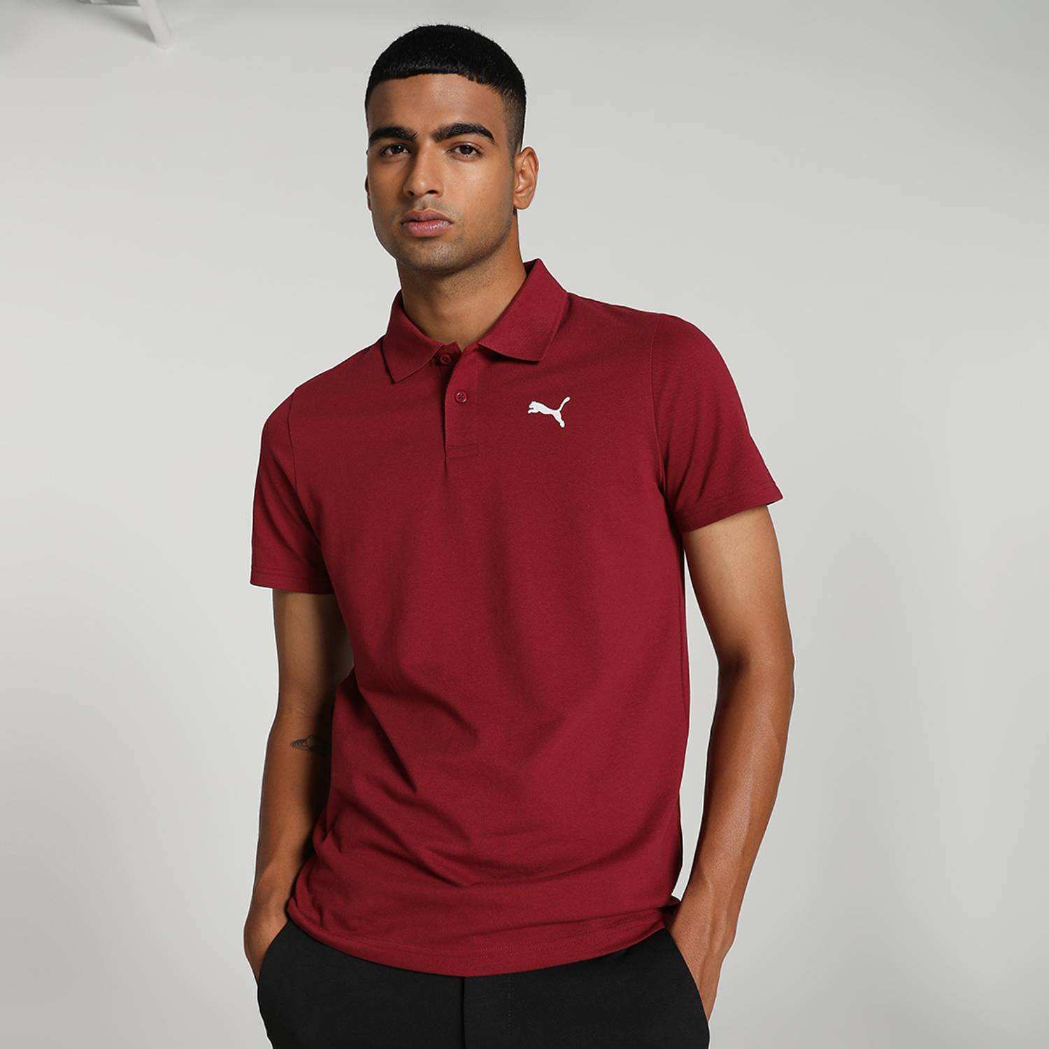 PUMA Ms Ess Men Solid Polo Neck Pure Cotton Maroon T-Shirt
