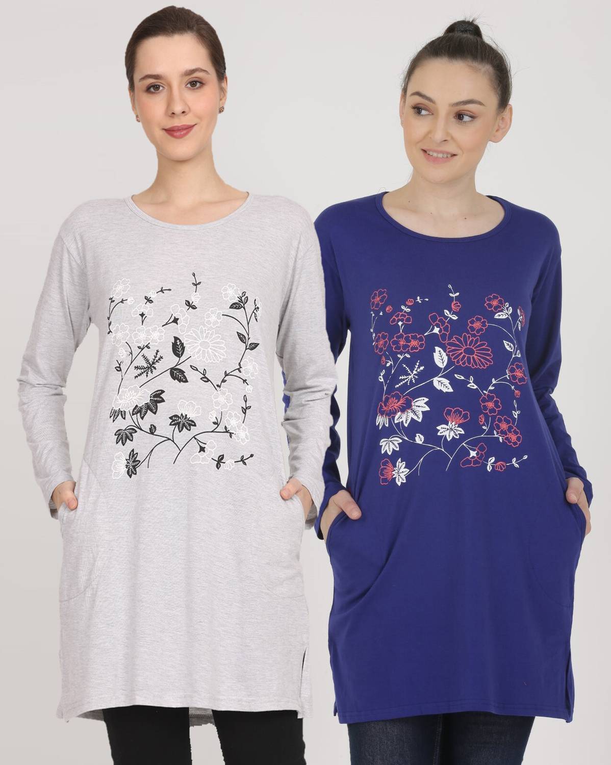 DASPRATION Printed Women Round Neck Grey, Navy Blue T-Shirt