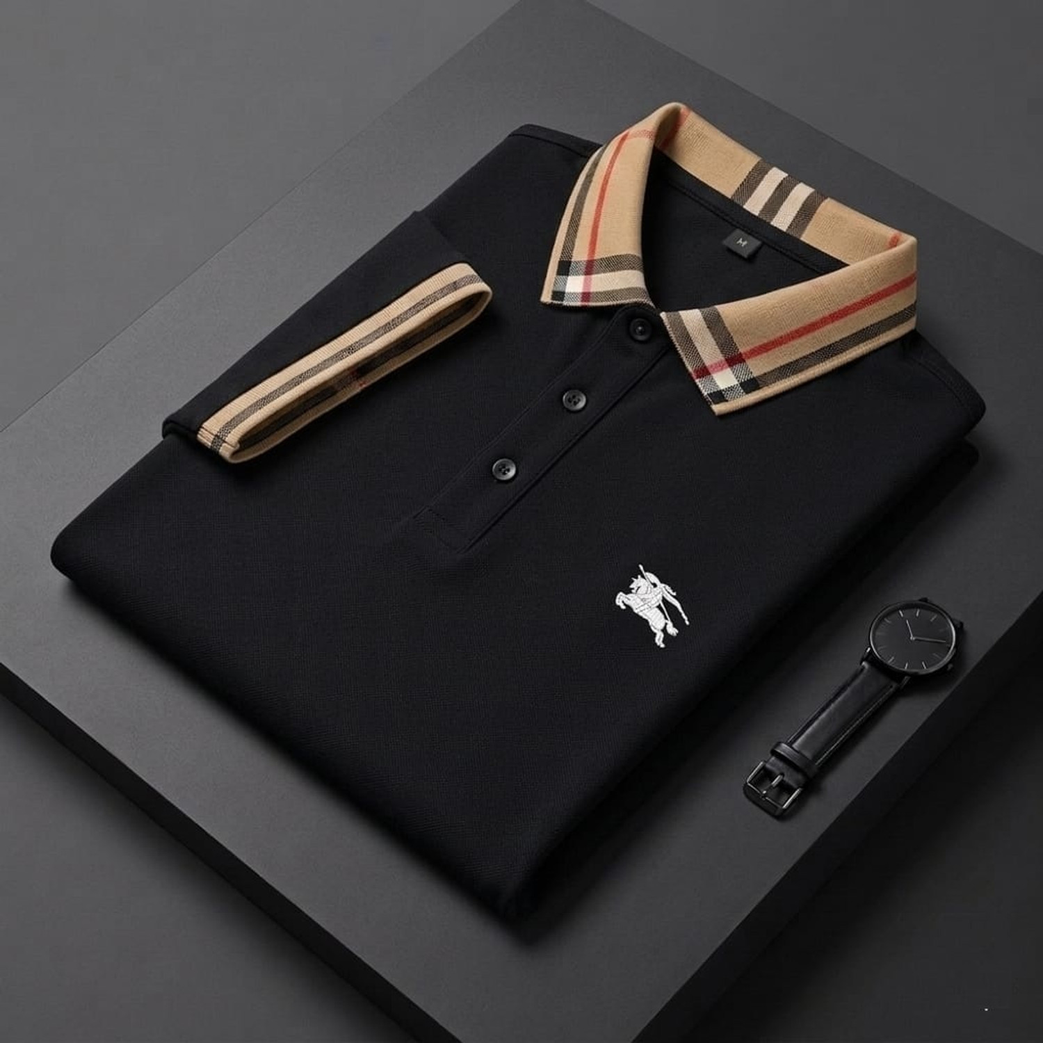 Image of Priha Enterprise Embroidered, Checkered Men Polo Neck Black T-Shirt