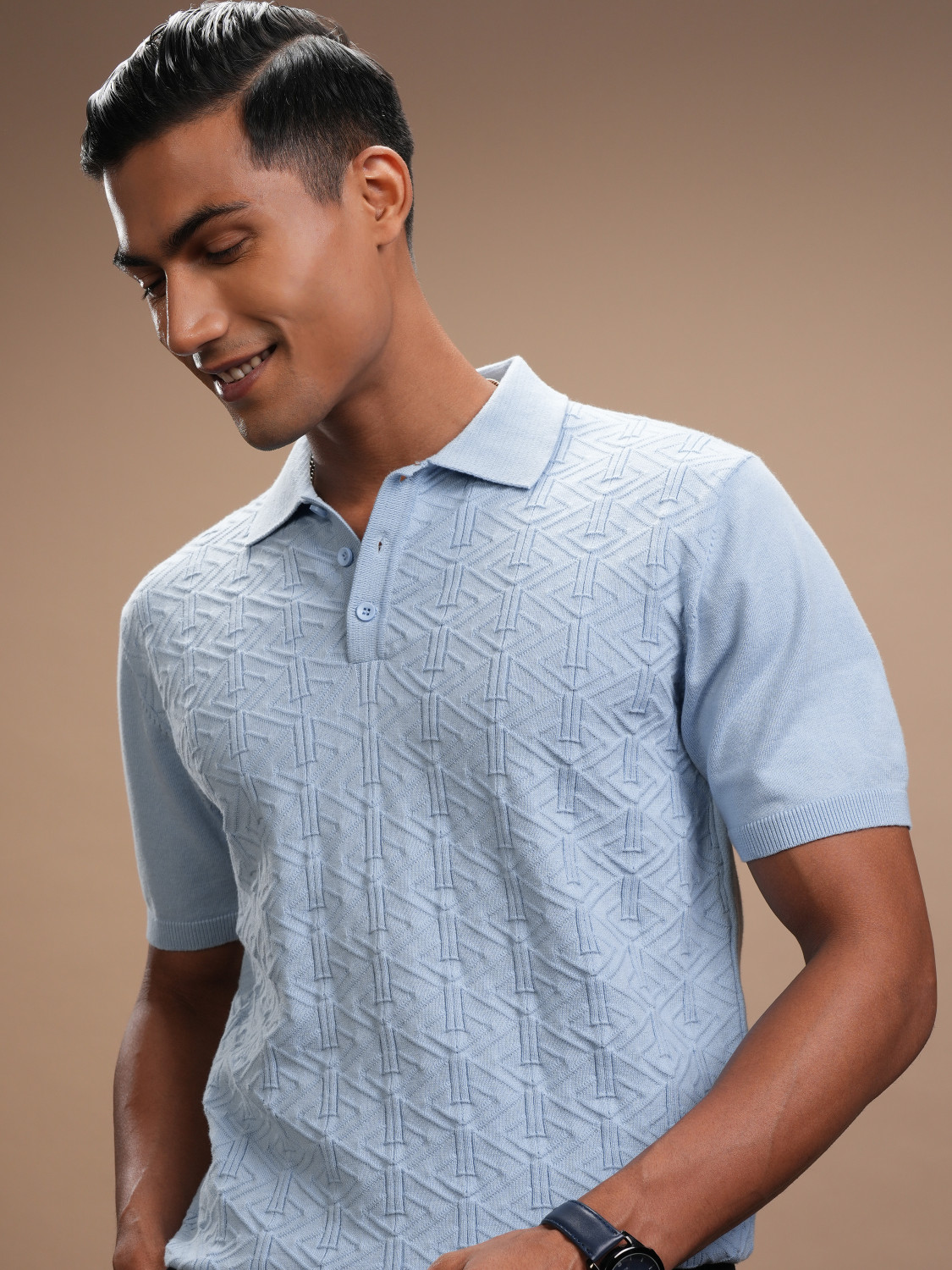 Image of HIGHLANDER Self Design Men Polo Neck Blue T-Shirt