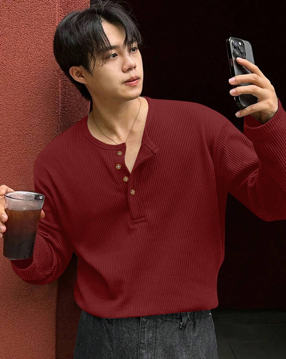 EyeBogler Men Red Henley Neck Cotton Blend T-Shirt - Image 1