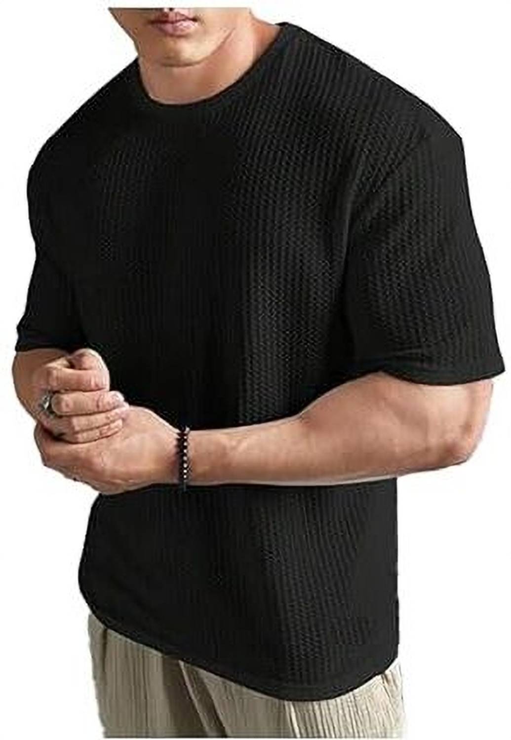 Orixx Men Self Design Round Neck Polycotton Black T-Shirt