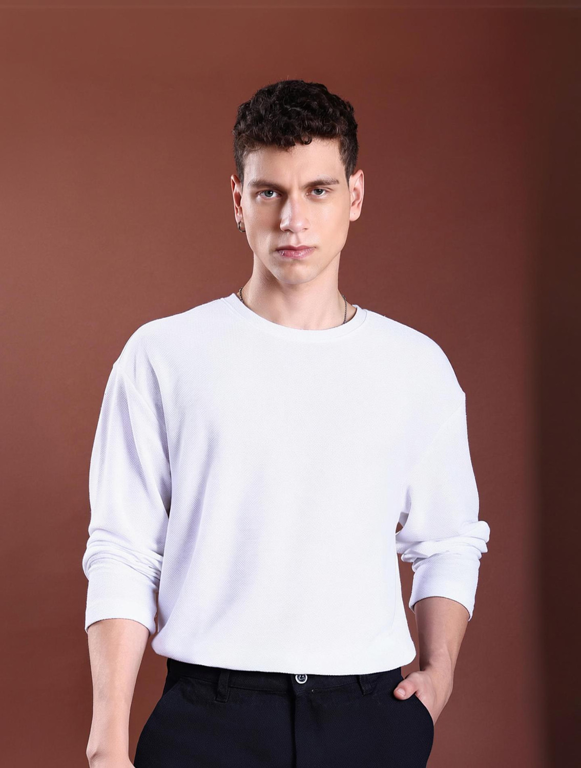 Image of HIGHLANDER Self Design Men Round Neck White T-Shirt