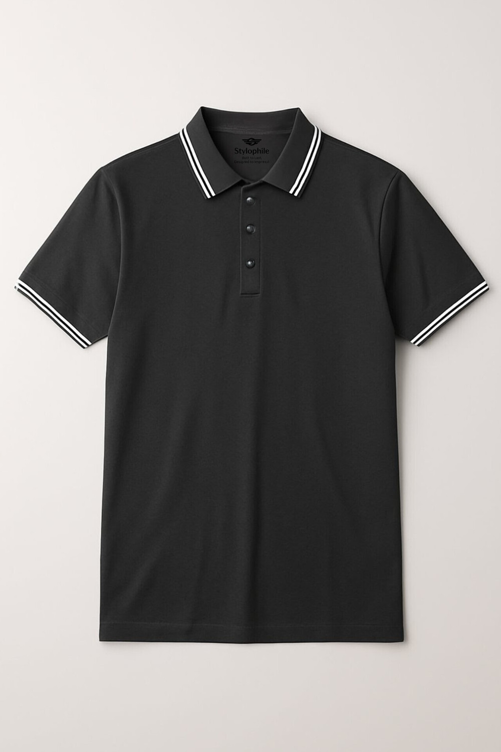 Image of stylophile Solid Men Polo Neck Black T-Shirt