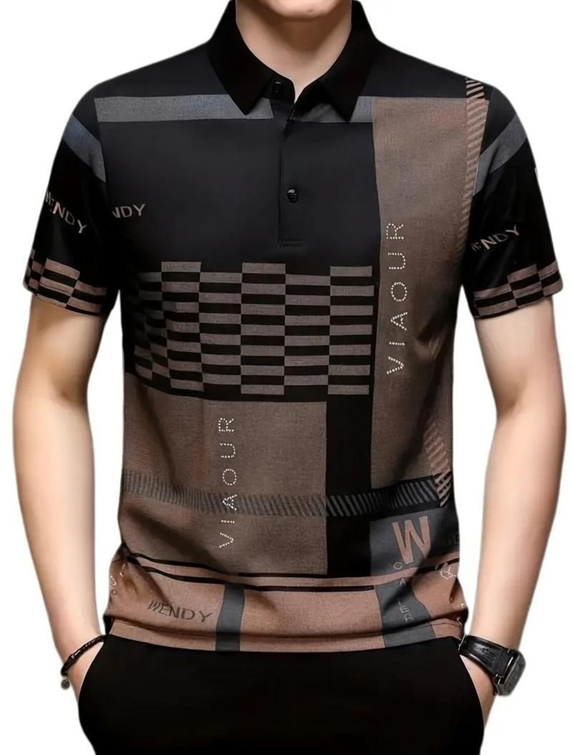 Image of NAUGHTY MEN Printed Men Polo Neck Black, Beige T-Shirt