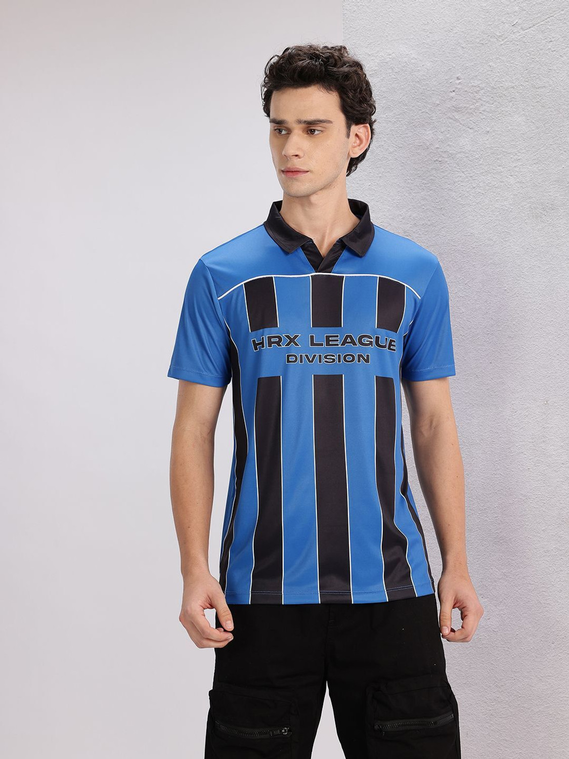 Image of HRX by Hrithik Roshan Striped Men Polo Neck Blue T-Shirt