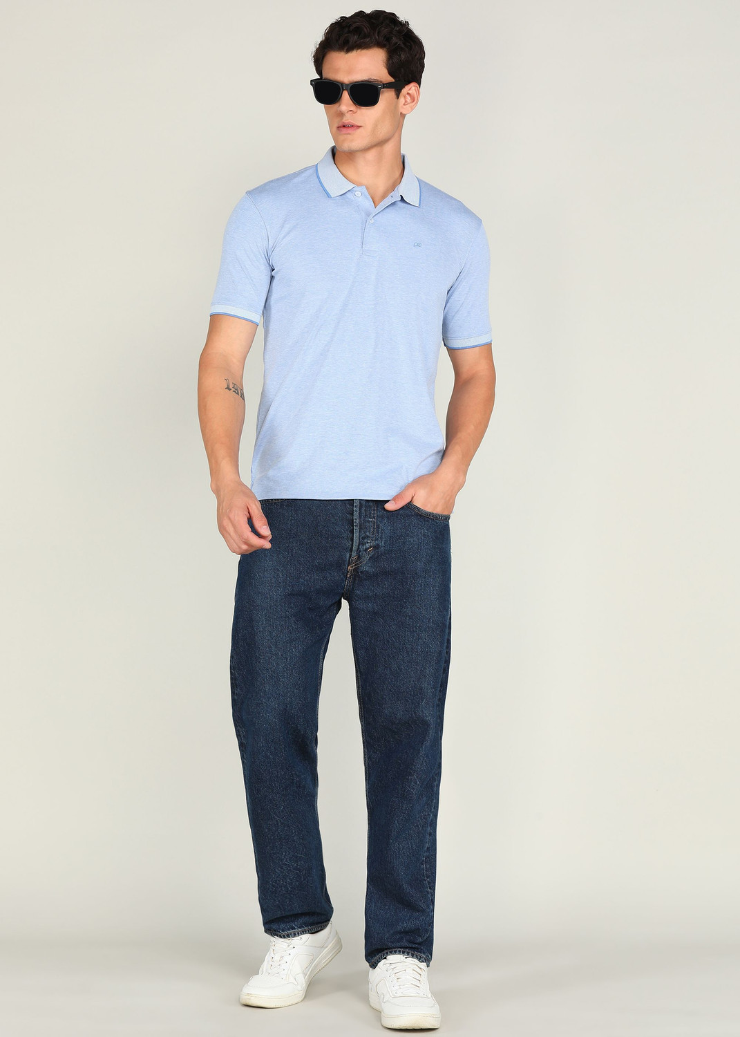 Image of PETER ENGLAND Checkered Men Polo Neck Blue T-Shirt