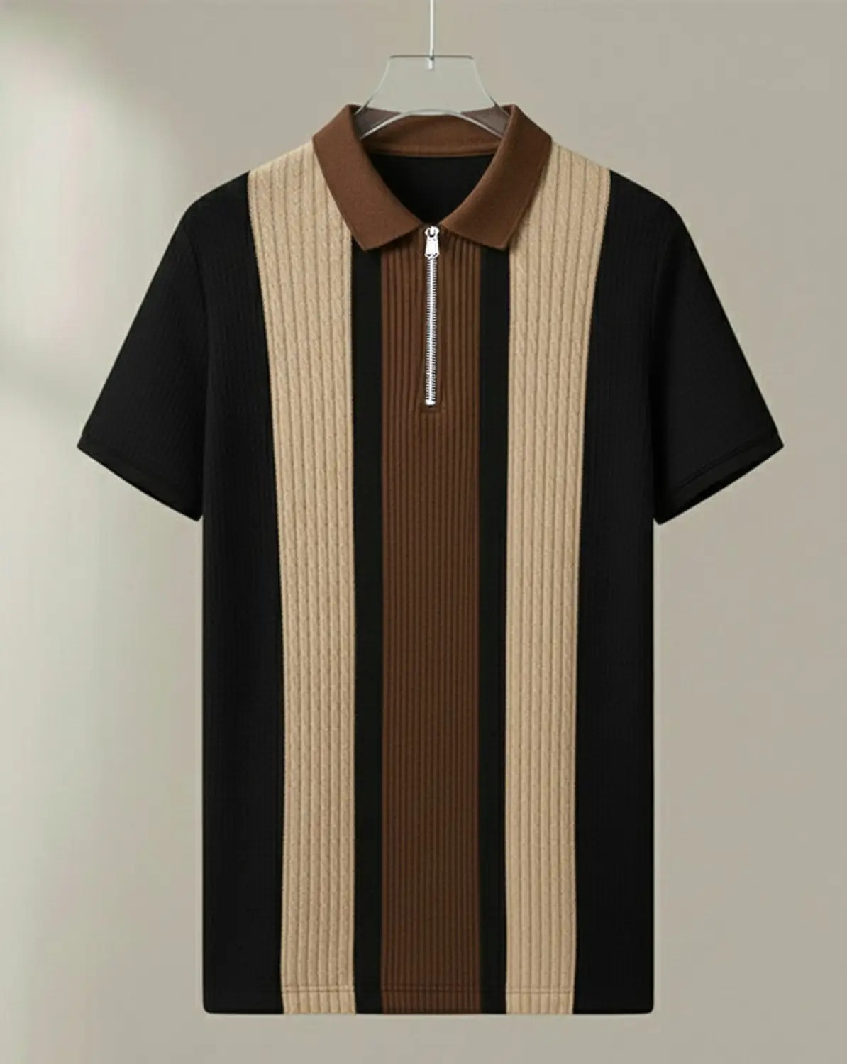 Image of KAJARU Striped, Self Design Men Polo Neck Black, Brown, Beige T-Shirt