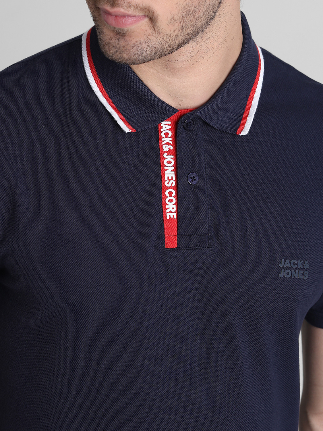 Image of JACK & JONES Solid Men Polo Neck Dark Blue T-Shirt