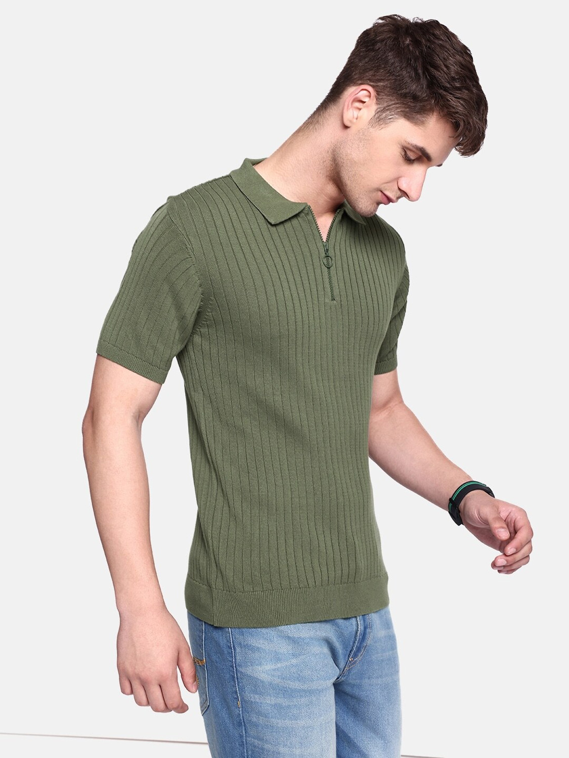 Image of Roadster Self Design Men Polo Neck Green T-Shirt