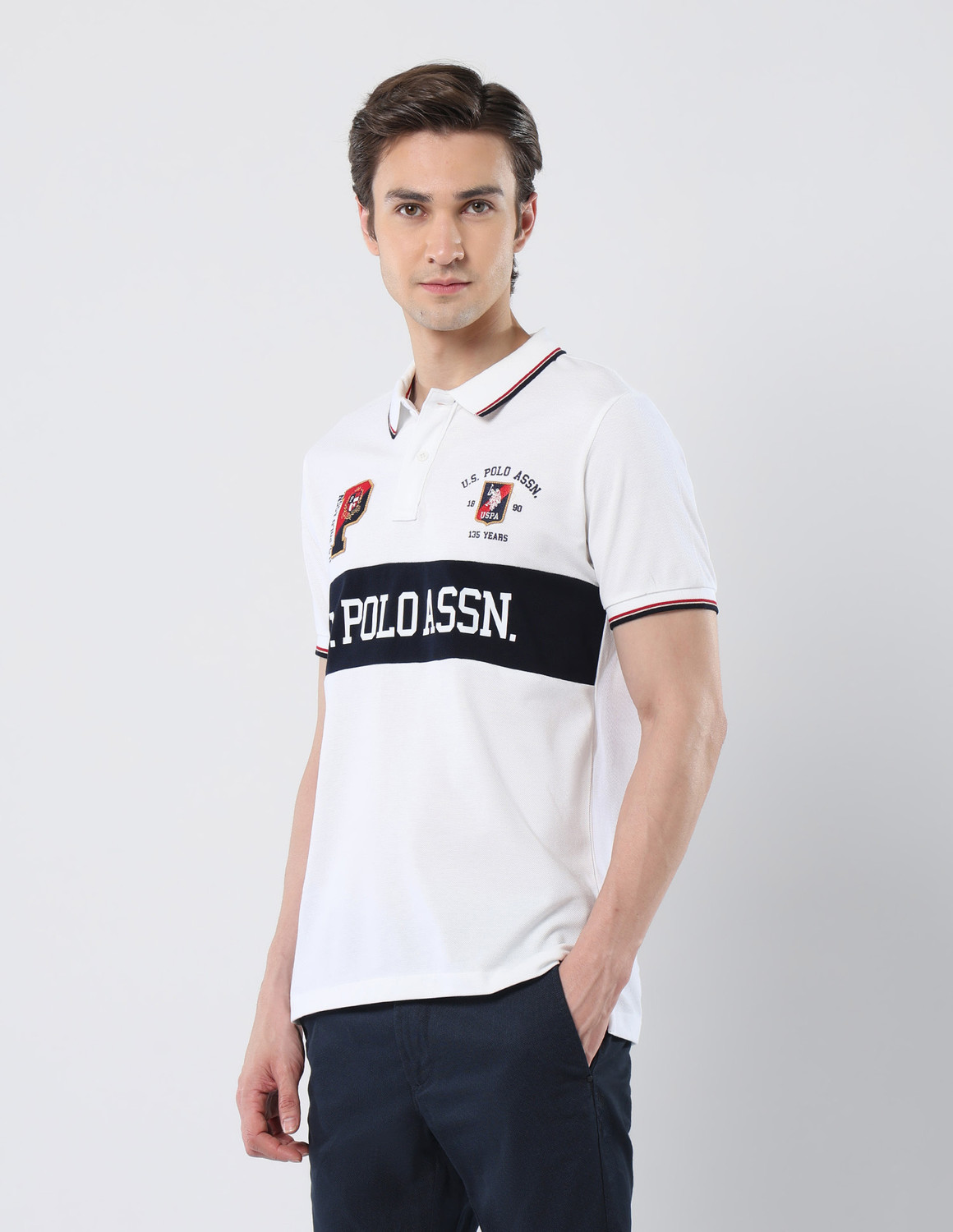 Image of U.S. POLO ASSN. Graphic Print Men Polo Neck White T-Shirt