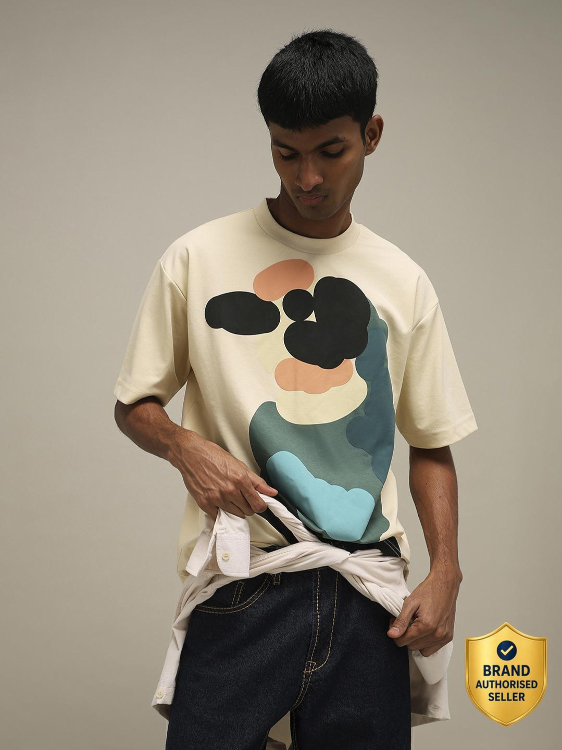 Image of MUFTI Printed Men Crew Neck Beige T-Shirt