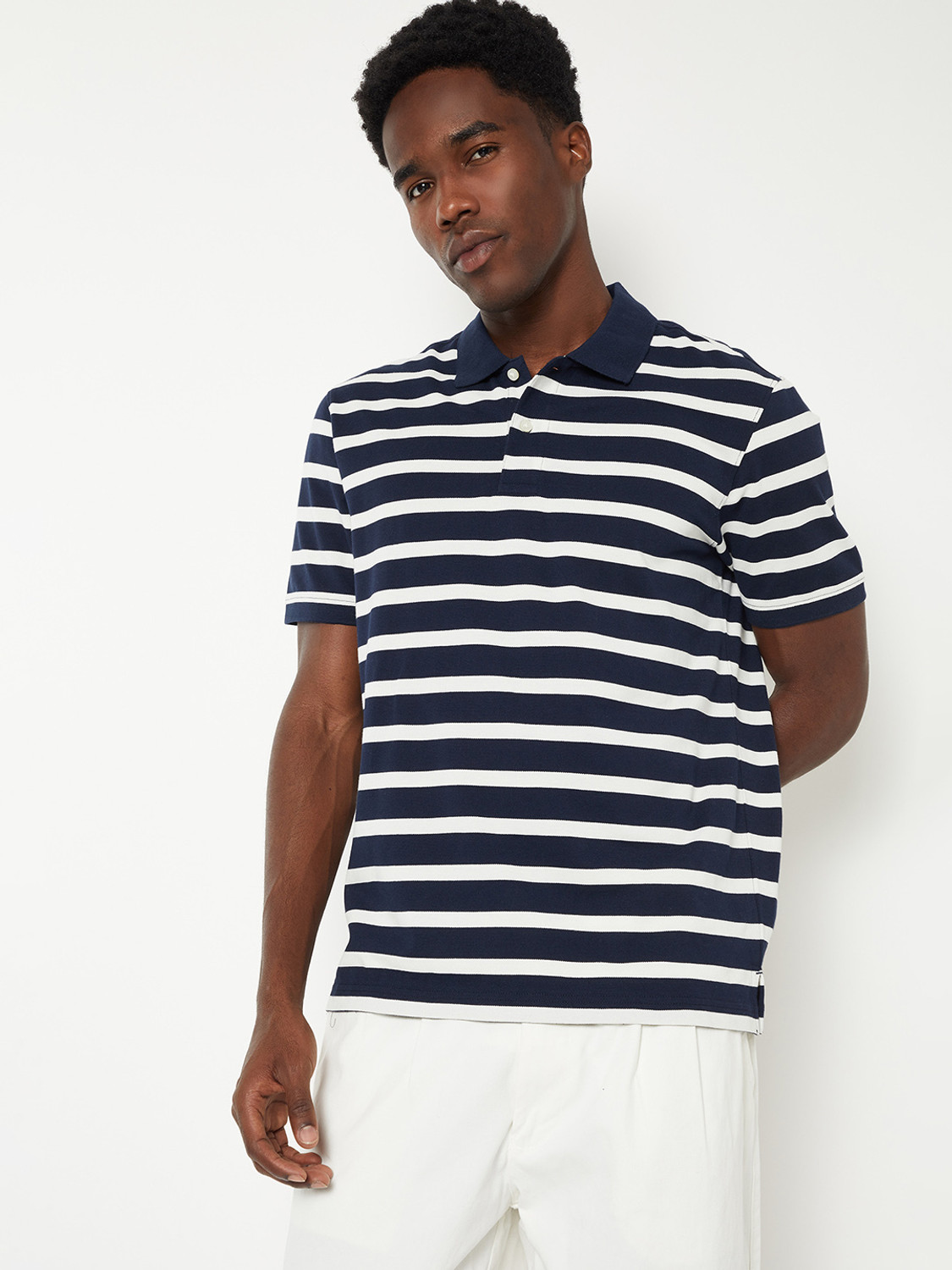Image of MAX Striped Men Polo Neck Blue T-Shirt