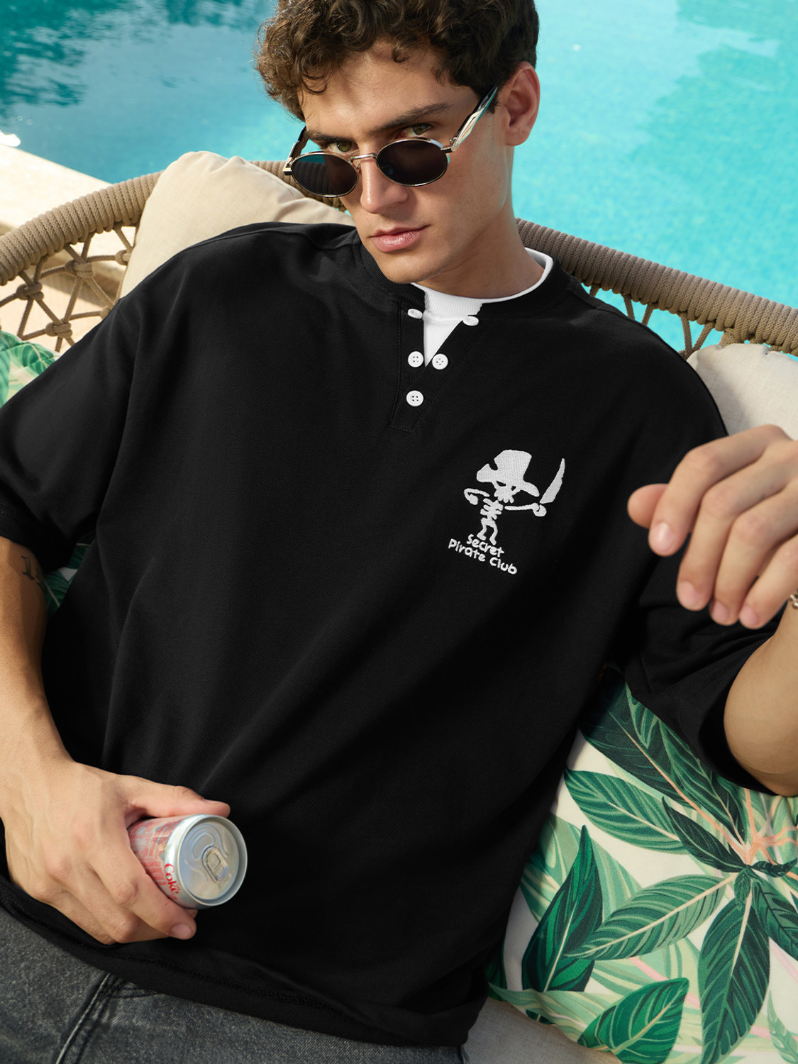 Image of The Souled Store Printed Men Henley Neck Black T-Shirt