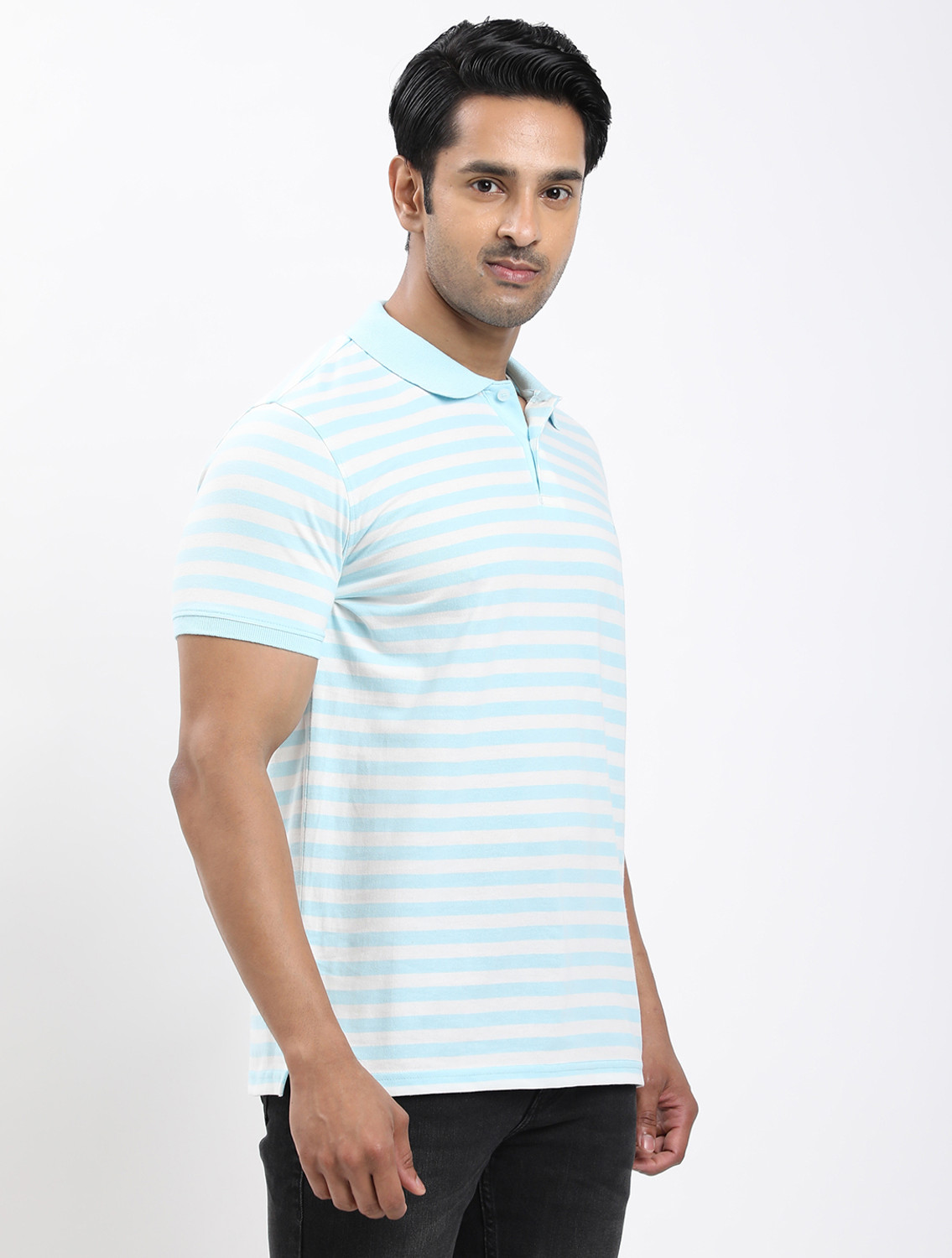 Image of INDIAN TERRAIN Striped Men Polo Neck Blue T-Shirt