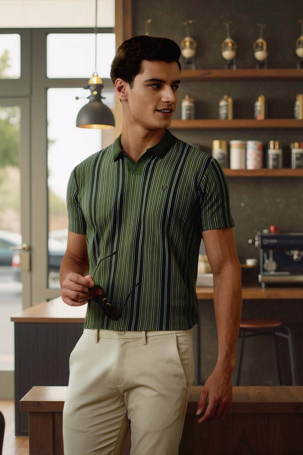 Allen Solly Striped Men Polo Neck Green T-Shirt