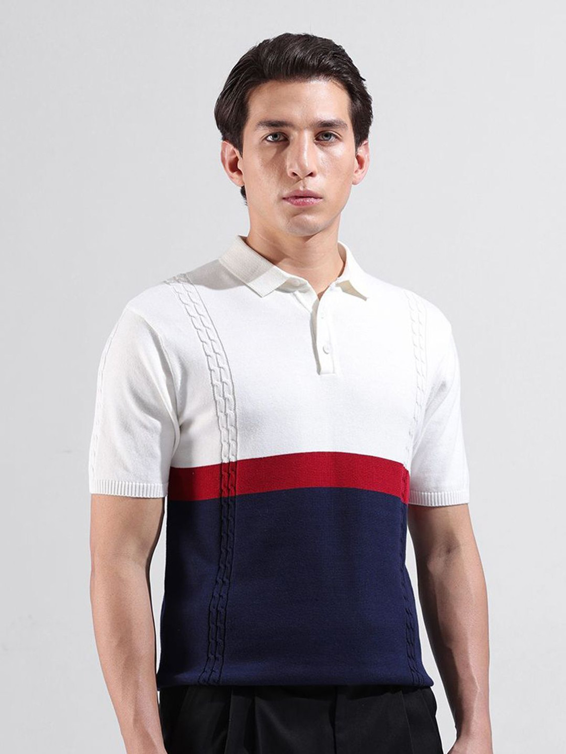 Image of The Indian Garage Co. Self Design Men Polo Neck White T-Shirt