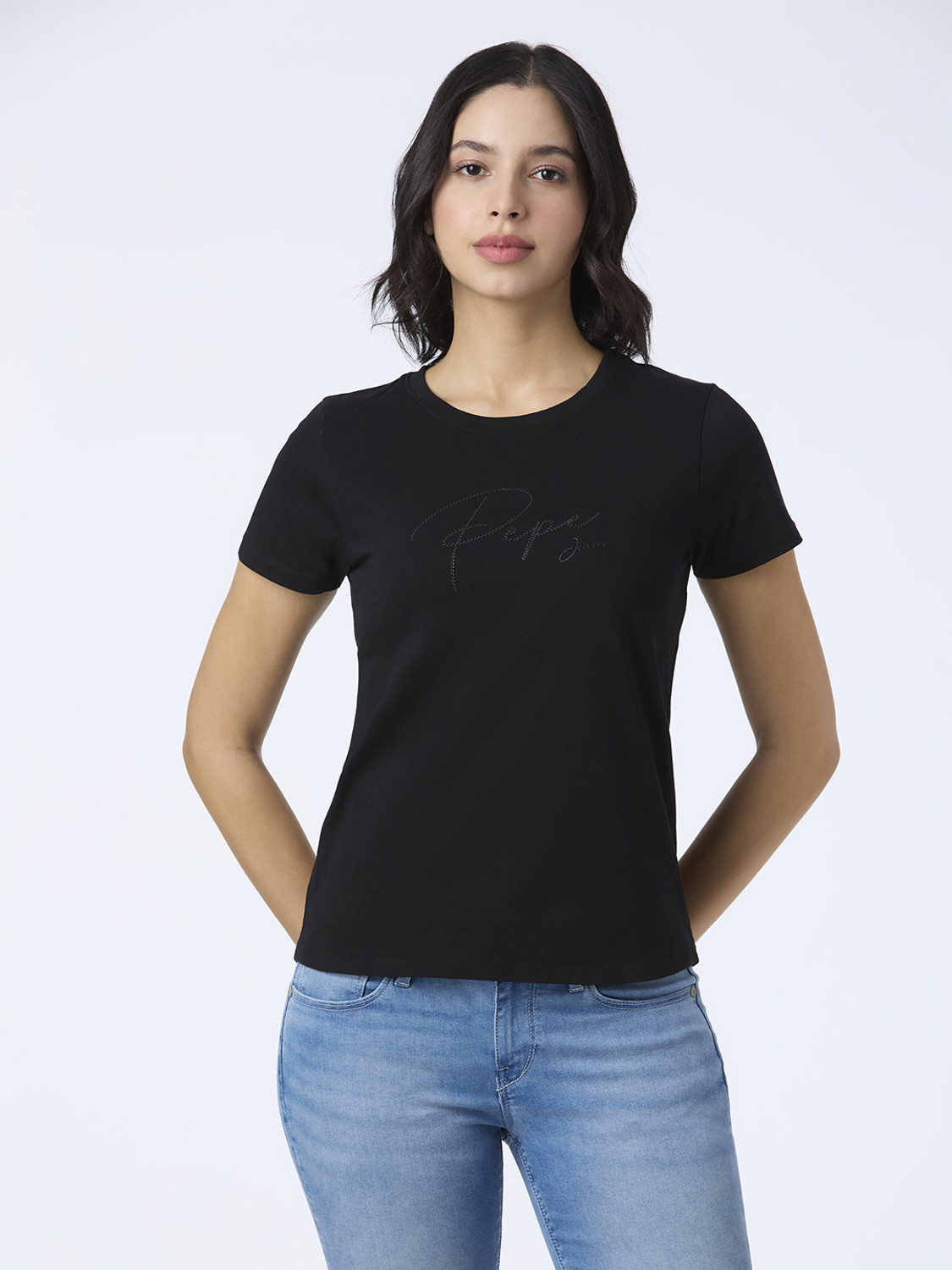 Image of Pepe Jeans Solid Women Round Neck Black T-Shirt