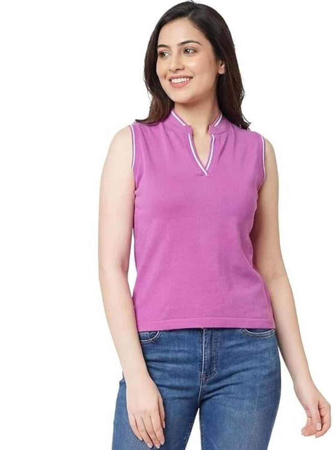 Image of WEAR YOUR OPINION Women Solid Mandarin Collar Cotton Blend Purple T-Shirt