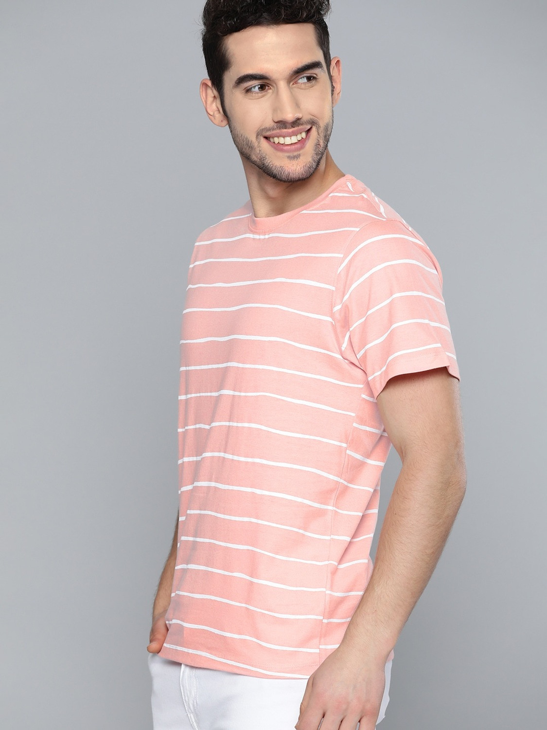 Image of Mast & Harbour Striped Men Round Neck Pink T-Shirt