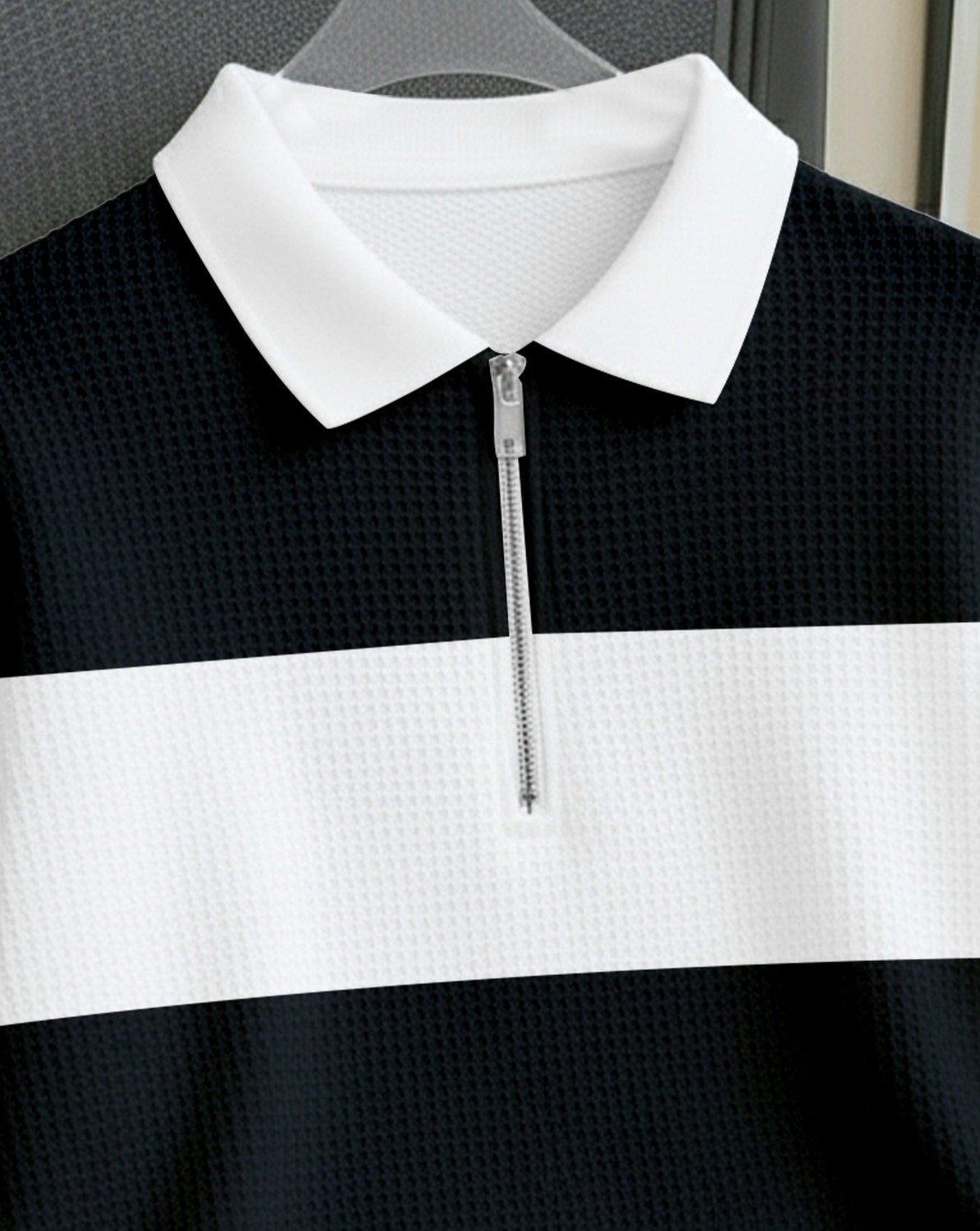 Image of AUSK Colorblock Men Zip Neck White, Black T-Shirt