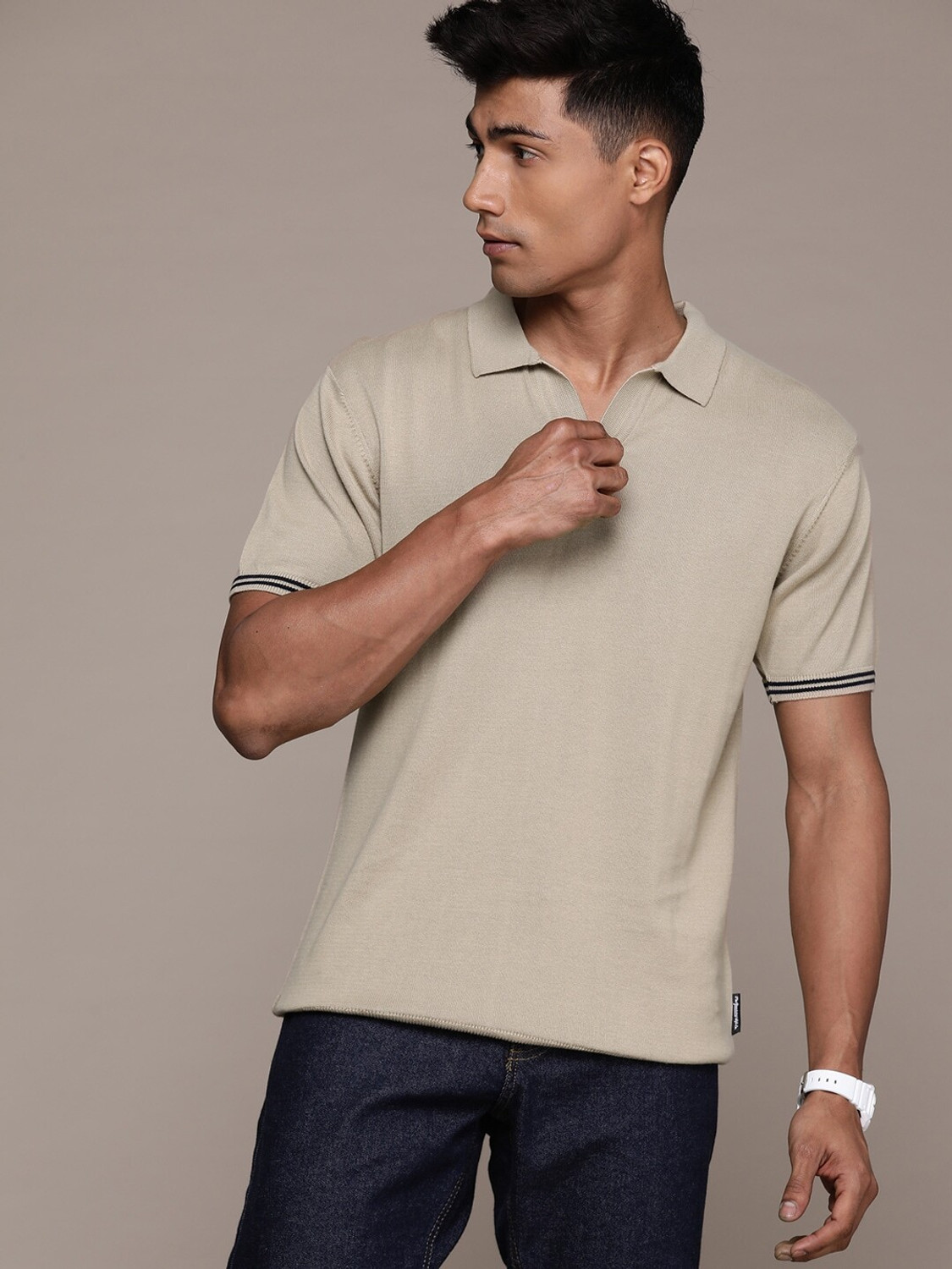 Image of Roadster Solid Men Polo Neck Beige T-Shirt