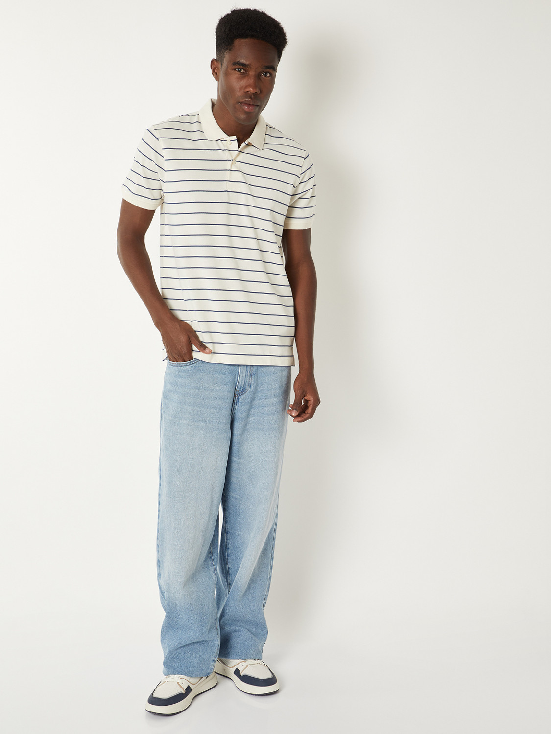 Image of MAX Striped Men Polo Neck White T-Shirt
