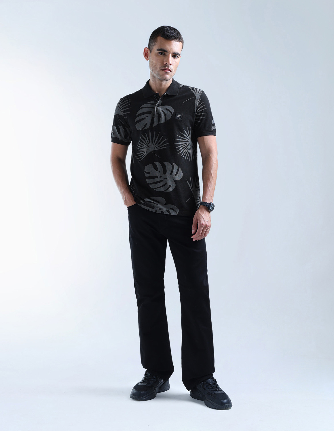 Image of FLYING MACHINE Printed Men Polo Neck Black T-Shirt