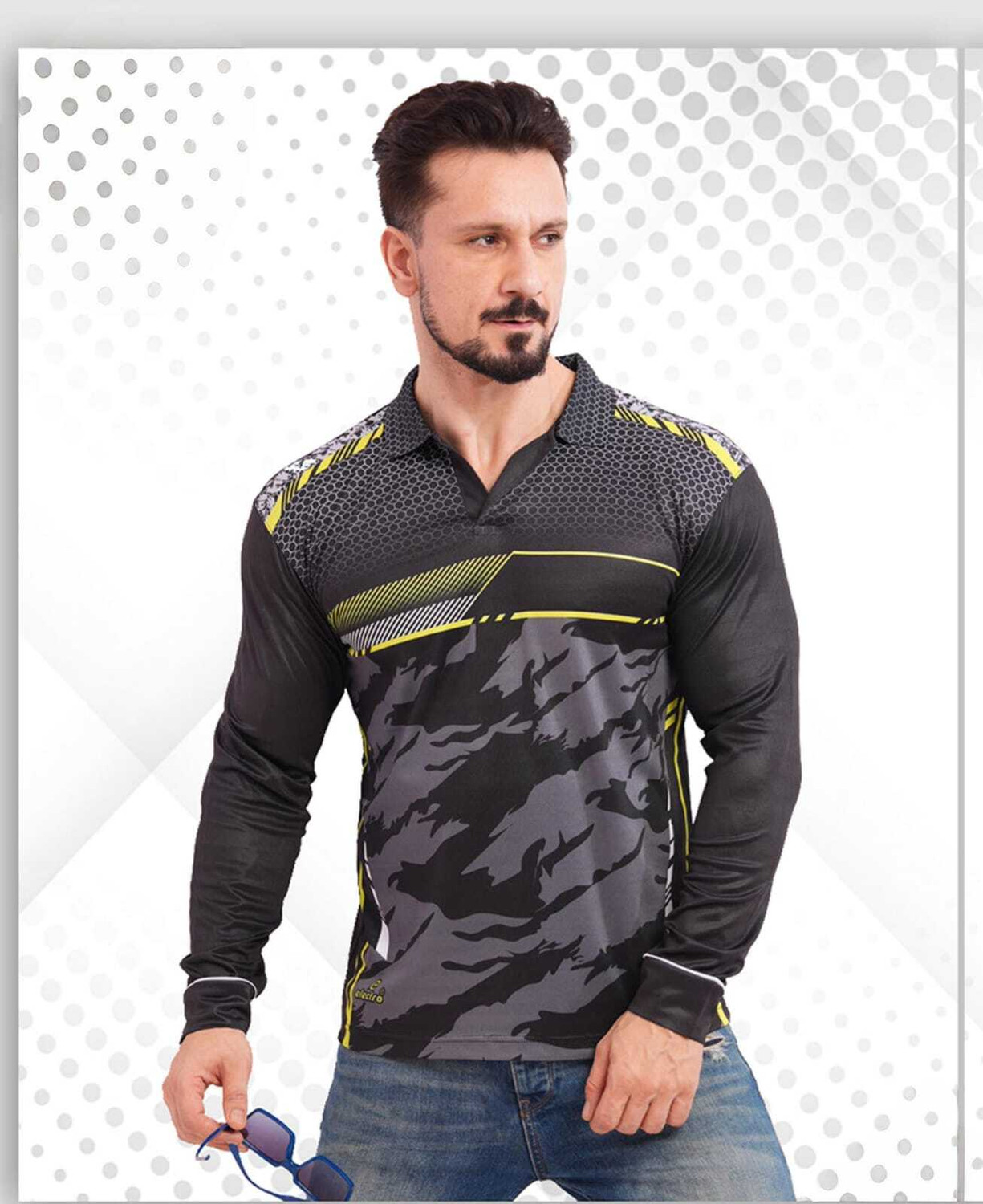 Image of CRYSTALREVENUE Men Printed Polo Neck Cotton Blend Black T-Shirt