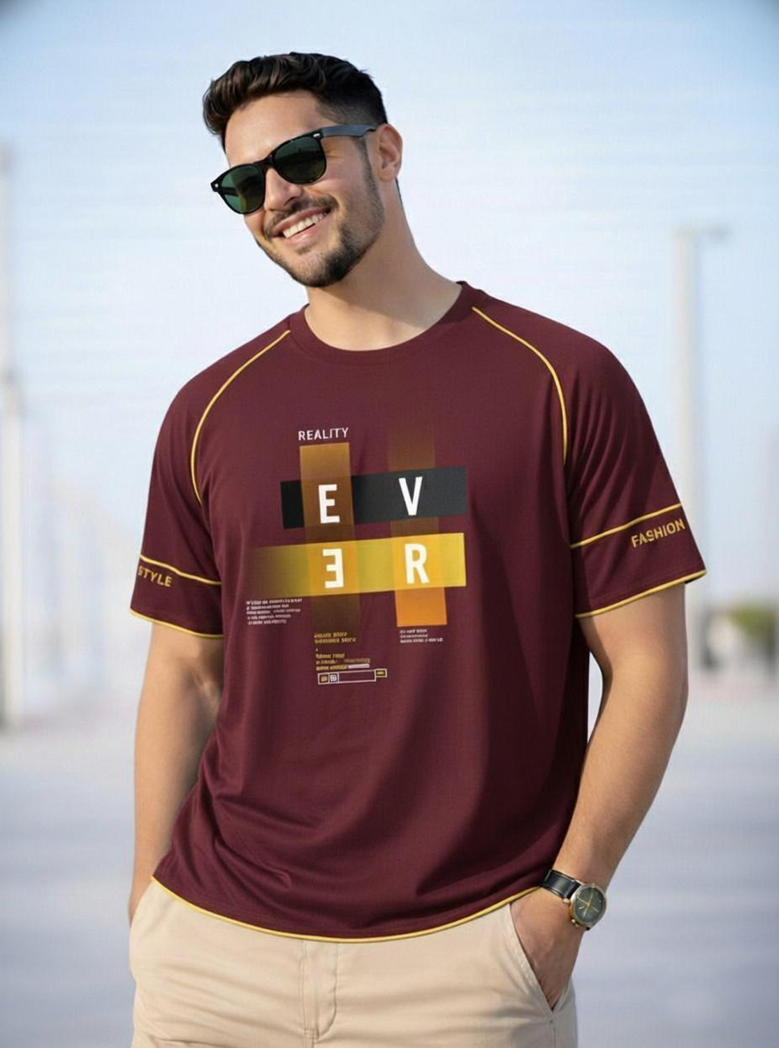 Image of Reya Printed Men Round Neck Maroon T-Shirt