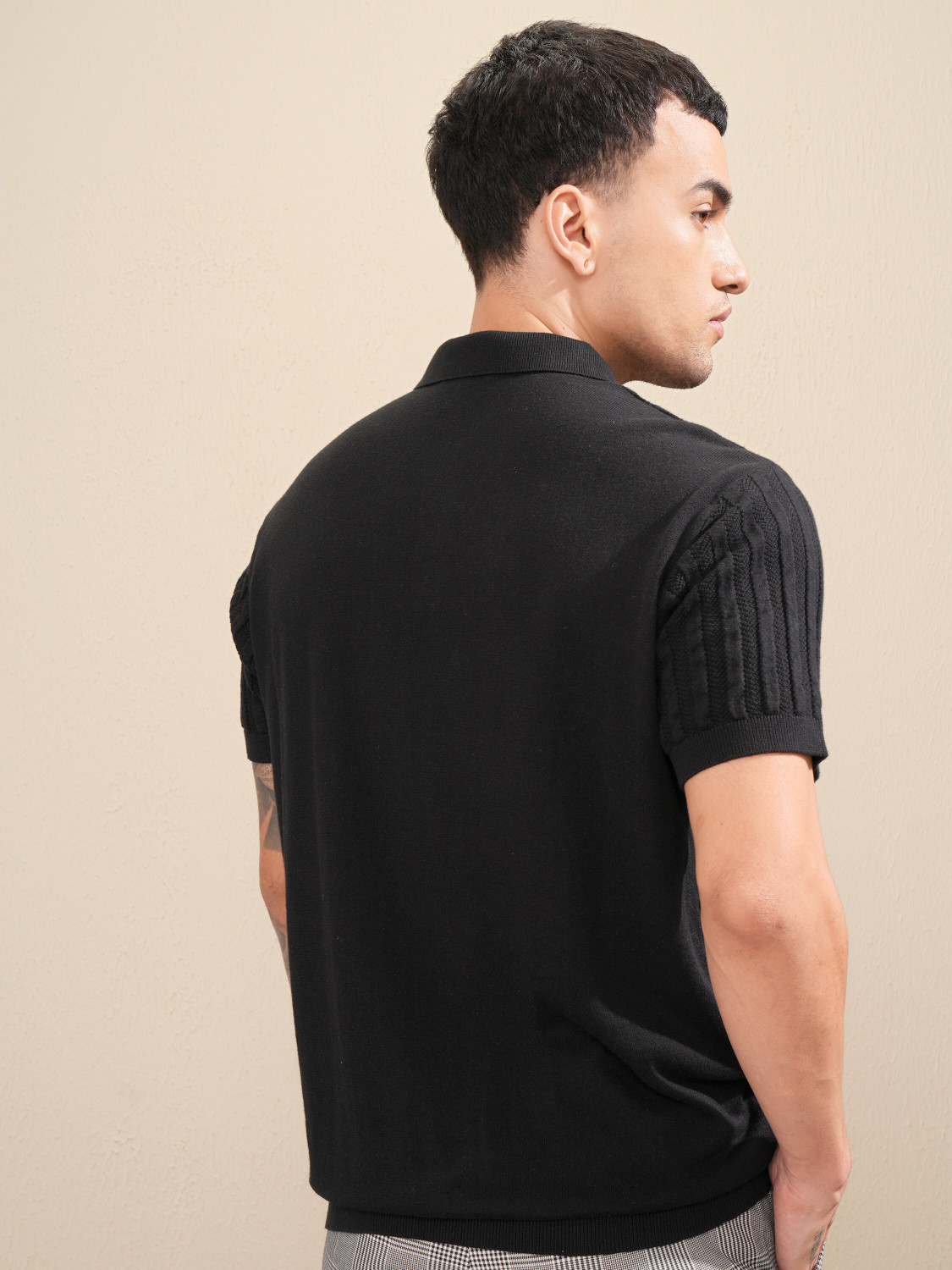 Image of HIGHLANDER Self Design Men Polo Neck Black T-Shirt