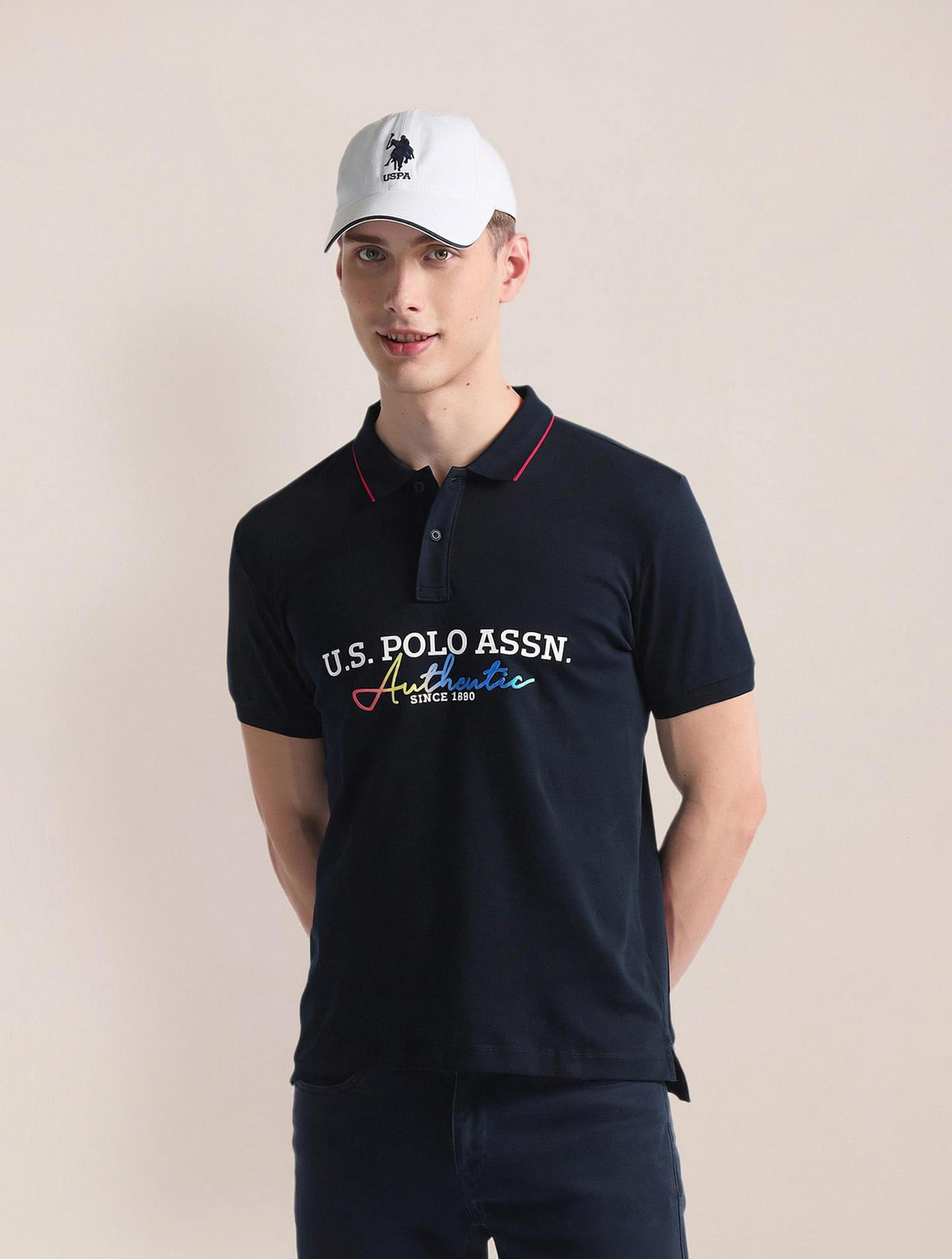 Image of U.S. POLO ASSN. Typography Men Polo Neck Blue T-Shirt