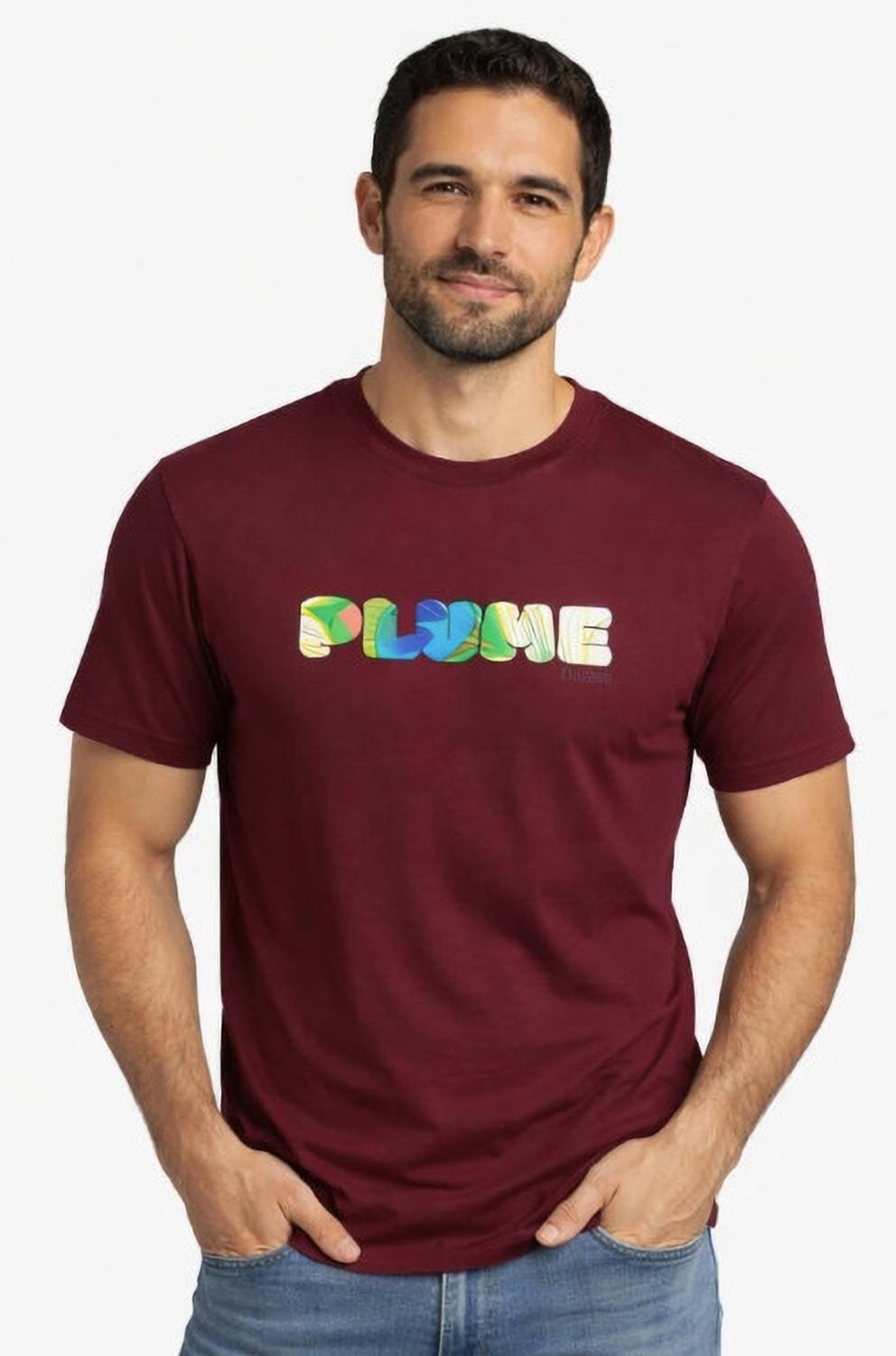 PLUMEANDSTICH Men Printed Round Neck Pure Cotton Maroon T-Shirt