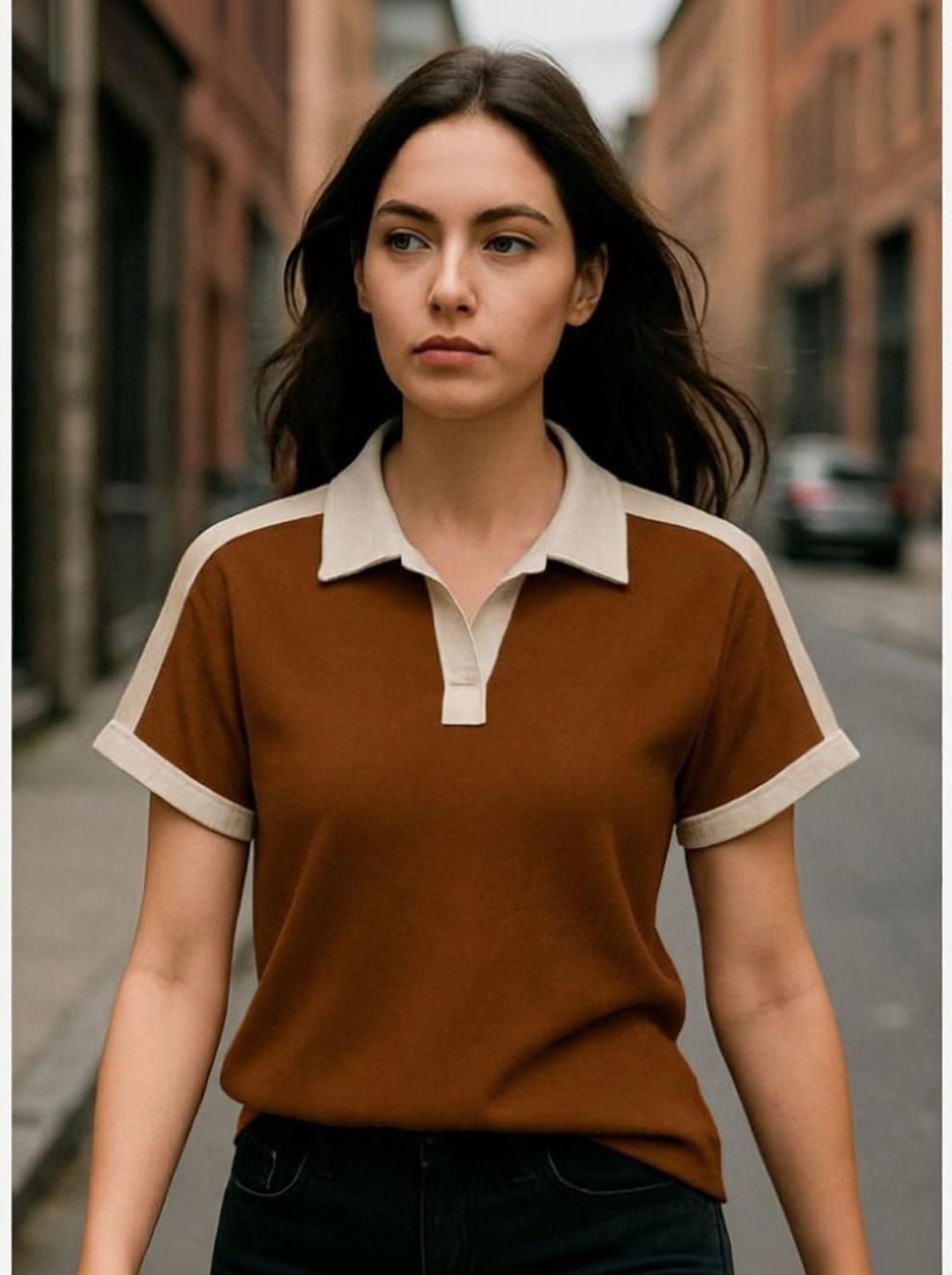 Image of ytrick Women Colorblock, Solid Polo Neck Cotton Blend Brown T-Shirt