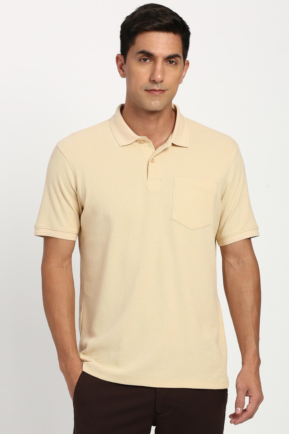 Image of PETER ENGLAND Solid Men Polo Neck Beige T-Shirt