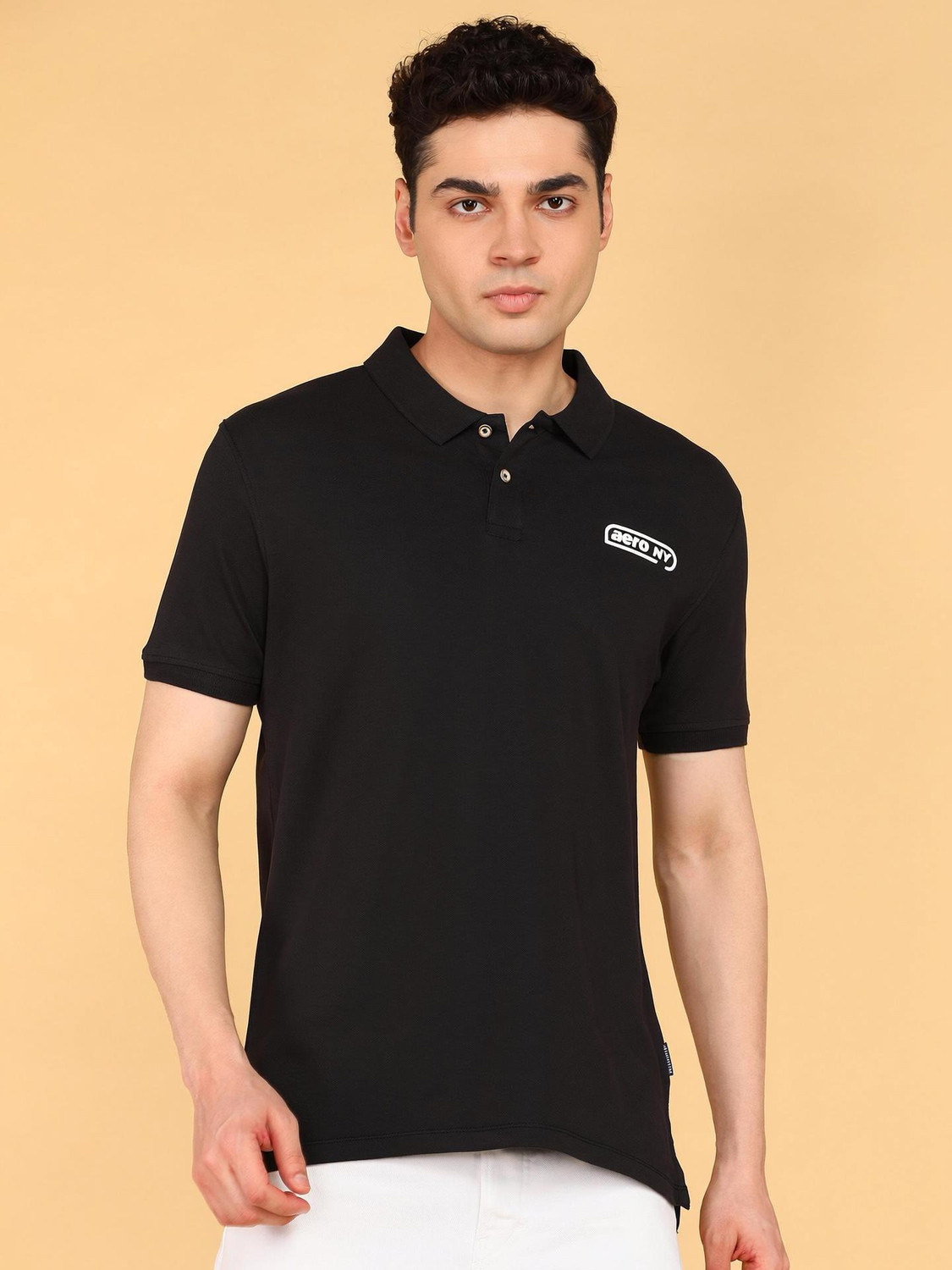 Image of AEROPOSTALE Typography Men Polo Neck Black T-Shirt