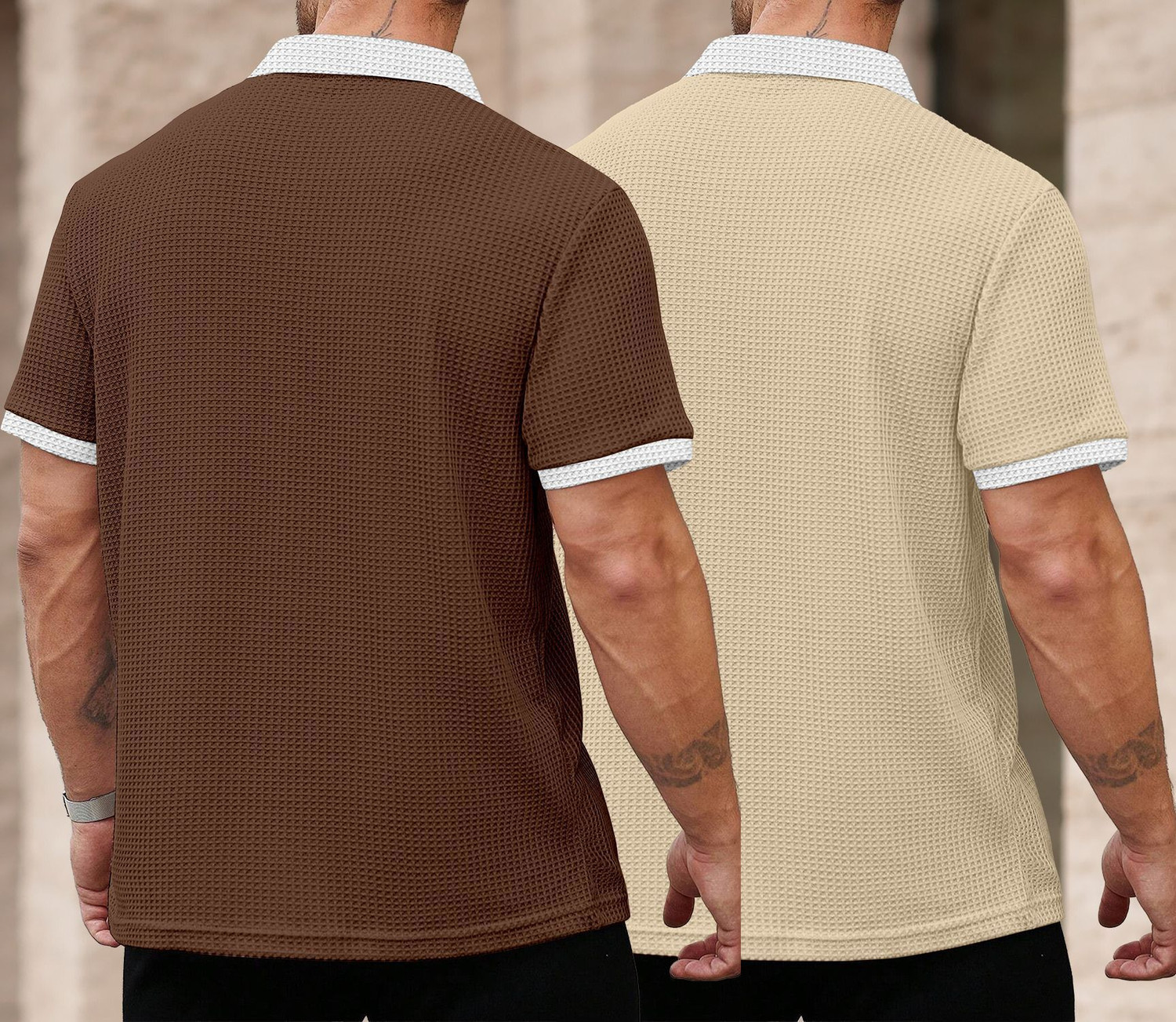 Image of GLOBAL NOMAD Self Design Men Zip Neck Brown, Beige T-Shirt
