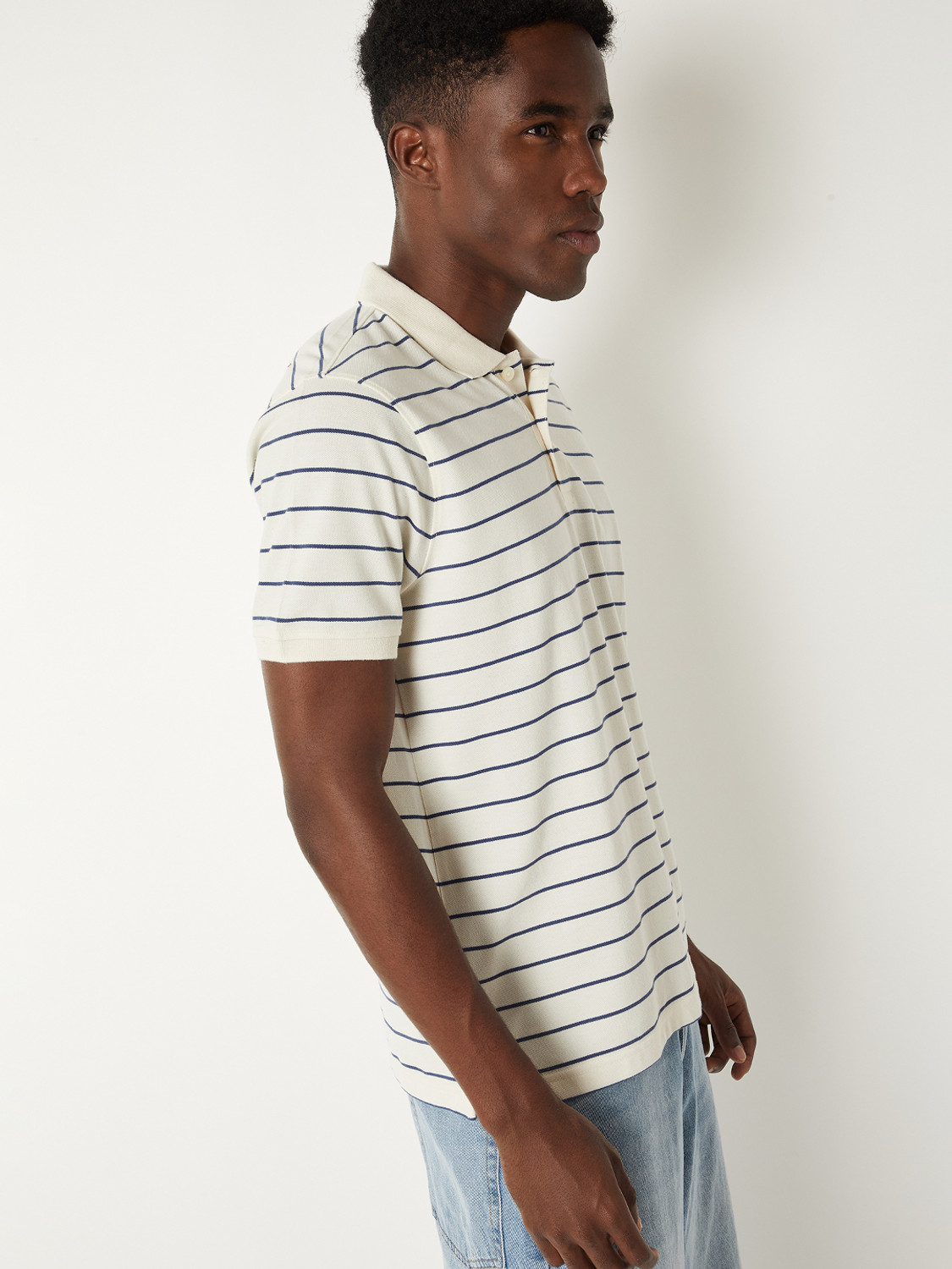 Image of MAX Striped Men Polo Neck White T-Shirt